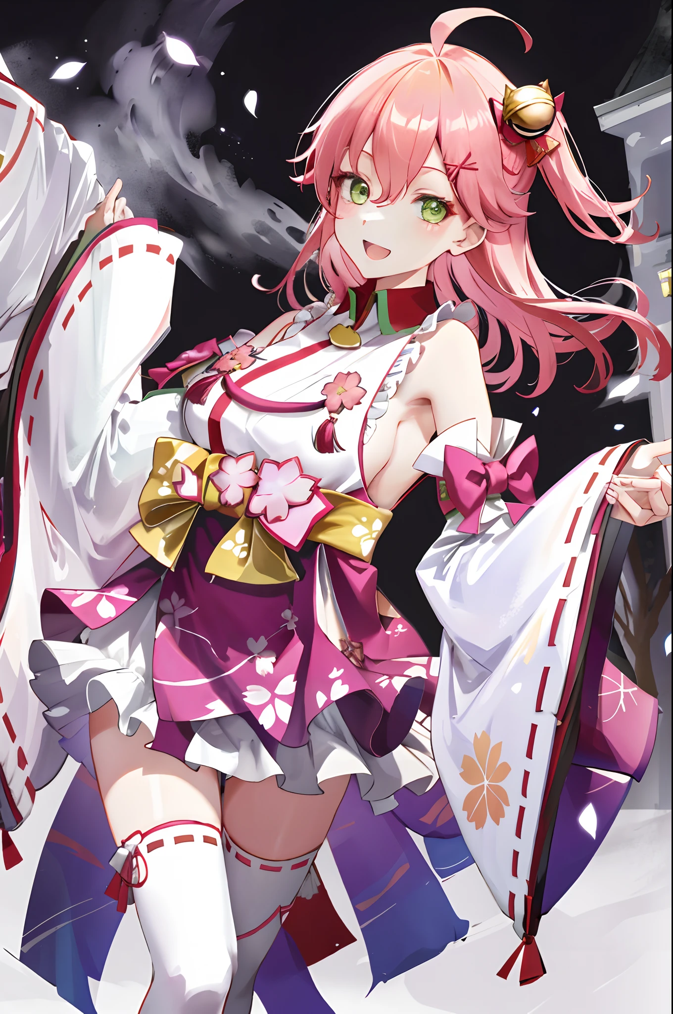 masterpiece, best quality, highres, miko1, sakura_miko, 1girl, green eyes, solo, ahoge, x_hair_ornament, pink_hair, floral print, hairclip,side_less_clothes, (sideboobs:1.4), hair_bell, floral print, long_hair, hair between eyes, one side up, white thighhighs, asymmetrical legwear, wide sleeves, open_mouth,happy,close_eyes, smile,dynamic_posing,rising_leg,plump,apart_legs,(overly_long_sleeves:1.1),(beautiful_fingers),sleeves_past_wrists,hands_hidden_sleeves
