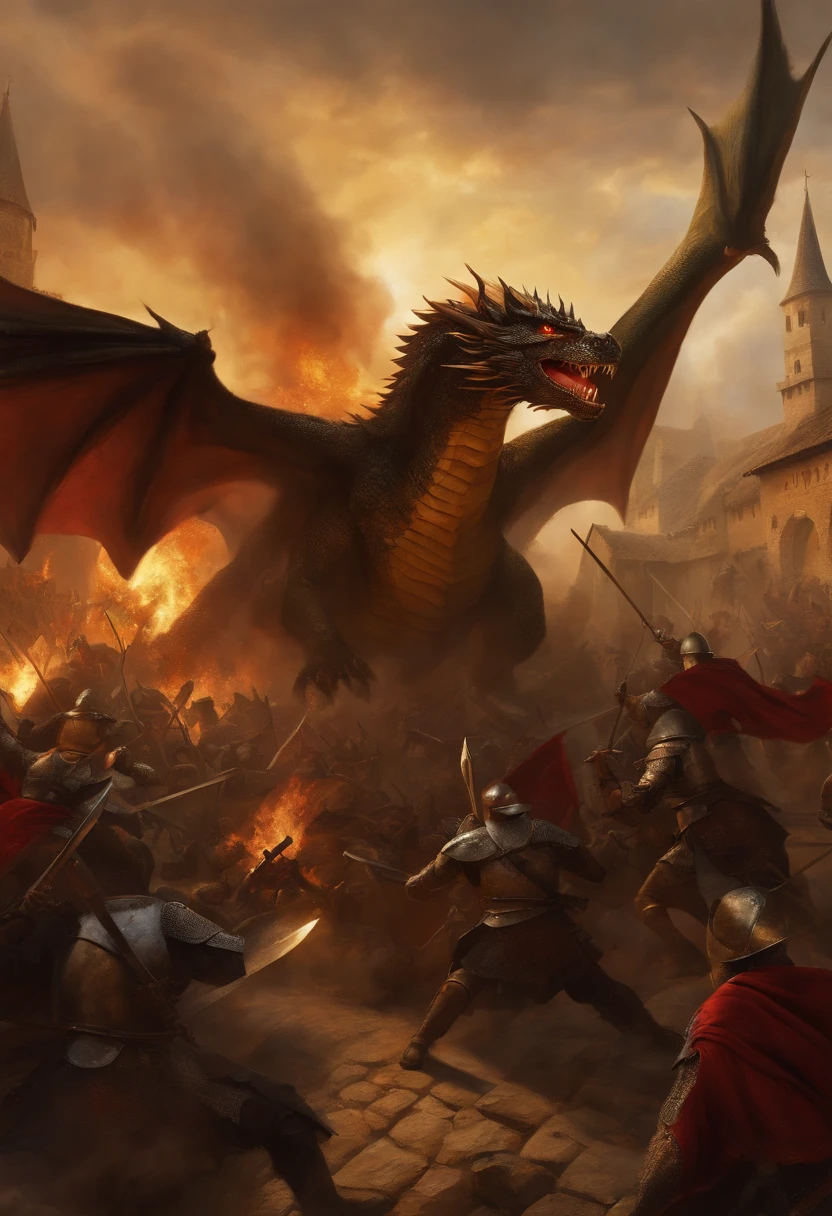 medieval soldiers fighting dragons in the medieval village,oil painting,historical battle scenes,armor and swords,knightly knights,burning buildings,smoke and fire,dangerous and fierce dragons,majestic and powerful,large wingspan,sharp claws and teeth,morning light,bloodthirsty,fearless soldiers,courage and bravery,defending the village,chaotic and intense,terrified villagers,panicked screams,destruction and chaos,battle cries and roars,heroic deeds,epic battle,highres,(realistic,photorealistic:1.37),dramatic lighting,rich colors