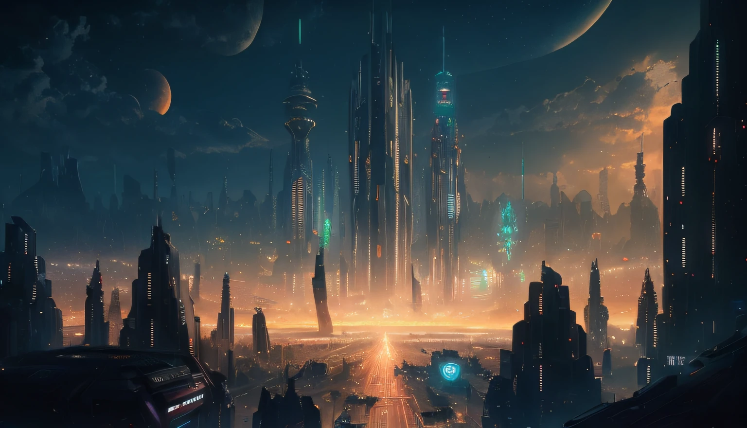 Ciudad futurista con un horizonte futurista por la noche, En Fantasy Sci - Fi City, Ancient Sci - Fi City, Ciudad futurista oscura, Ciencia - Ciudad de la FI, science fiction city, science fiction city, Enorme ciudad templo futurista, Hermosa ciudad del futuro, Otra palabra ciudad futurista, futuristic metropolis, Futuristic city, Greg Beeple, Arstation y Beeple altamente, (cyber punk), ultra reality