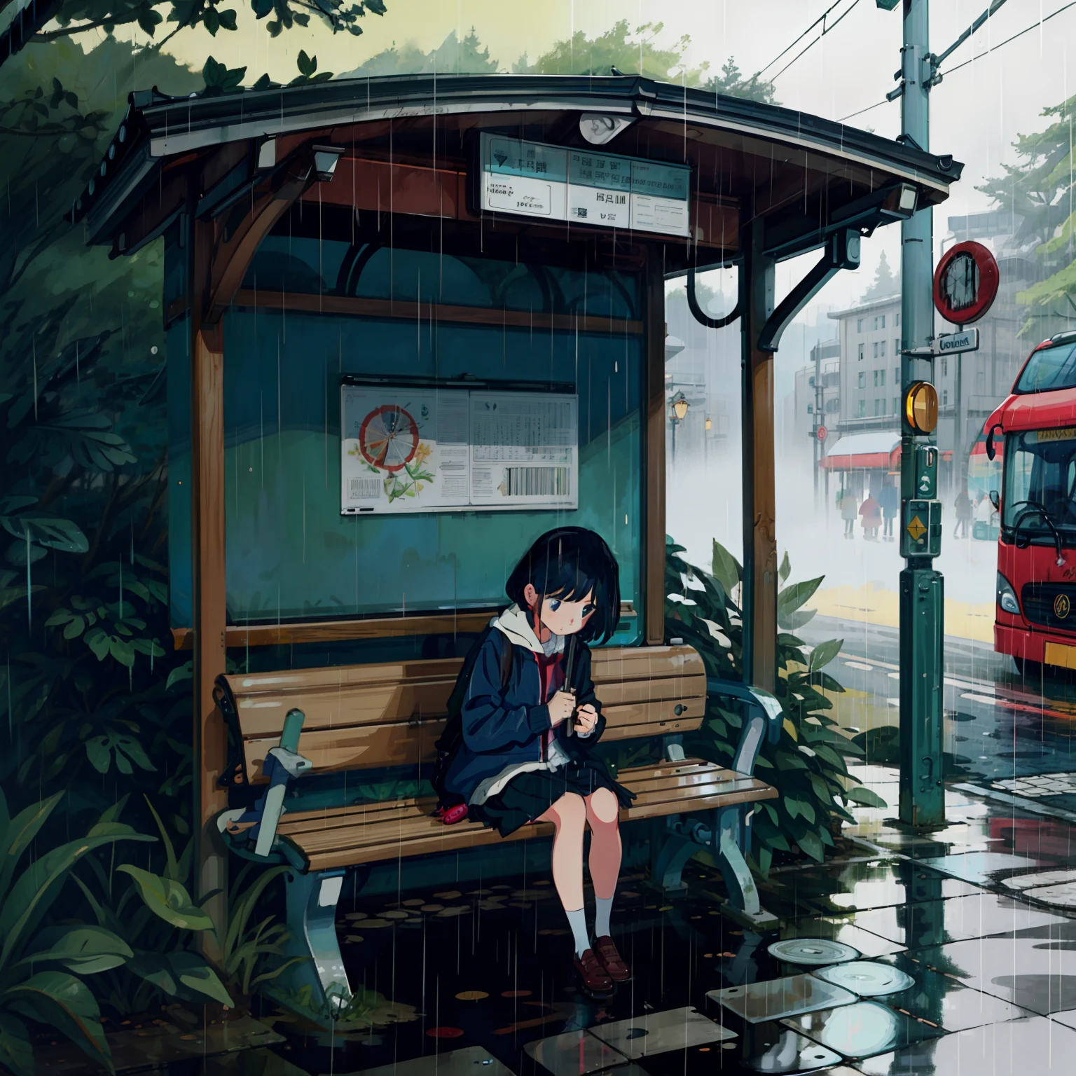 illustrated poster、Girl hiding in the rain at a bus stop in the forest、umbrellas、Benches、top-quality、(​masterpiece:1.1