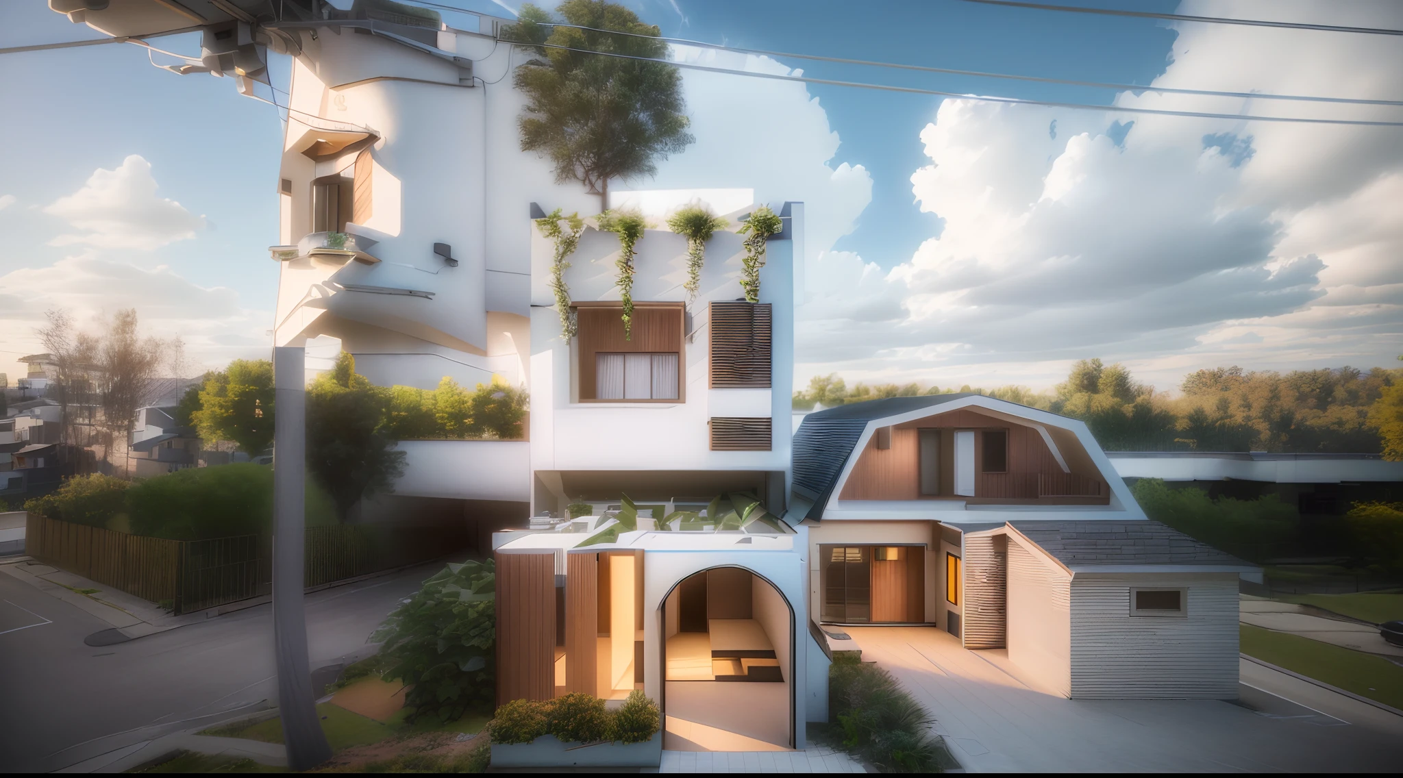 there is a small house with a lot of windows and a balcony, concept house, frontview, overall architectural design, architecture render, front perspective, front elevation view, final render, front-view, front view dramatic, mid-view, finalrender, architectural render, complex 3 d render, 3 d rendering, complex 3d render, 3d rendering