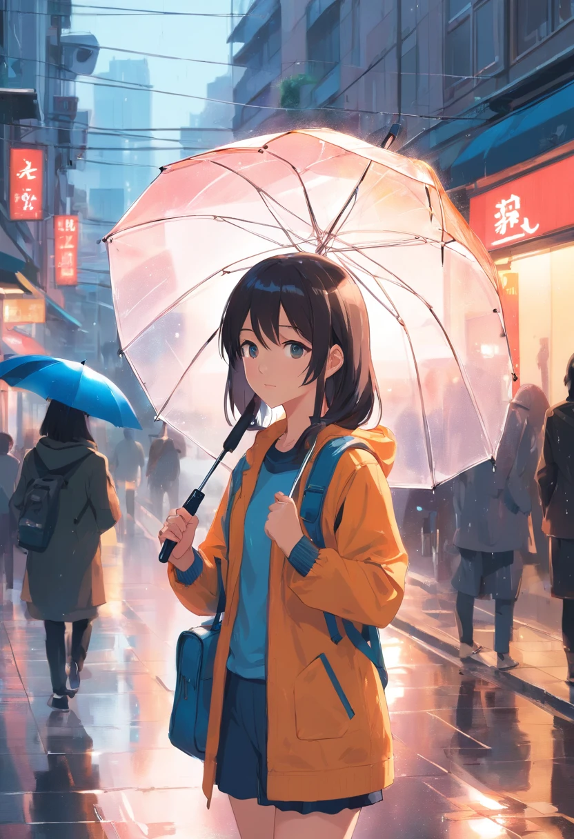 Je vois une jeune fille,Elle portait un short et un haut rose,Transportez un petit sac,Cheveux fins flottant dans la brise。Elle a un beau visage,les yeux sont clairs et brillants。 The girl had a special umbrella,Ce parapluie est transparent,sans fioritures,La surface du parapluie est large et arrondie。In a busy street full of people,Its silhouette is different。 The streets are lined with passers-by rushing,Wear different costumes,Busy getting things done。Someone rushed to the office,Someone rushed to school with a school bag。These guys々was going back and forth around her,bruit々As if it formed a nice background。 Toutefois,Dans cet environnement bruyant,Girls are different。Elle calma son rythme,sous parapluie, She seems to have entered another space。Transparent raindrops on the surface of the umbrella、swaying while moving,It's like a ripple shining on the surface of the water。 There was no fatigue on the girl's face,Au lieu de, It exudes tranquility and firmness。His eyes reveal inner thoughts and depths。Maybe she's looking for her direction,Perhaps she was thinking about the meaning of life。 Dans cette photographie, A girl with a transparent umbrella walks to people's intersection,Il montre une sorte de solitude et de calme,At the same time, aussi、Sketch a charming drawing of a young man。