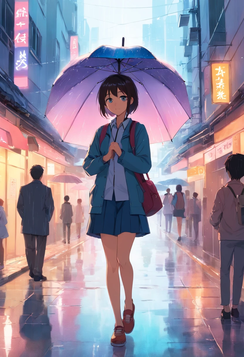 Je vois une jeune fille,Elle portait un short et un haut rose,Transportez un petit sac,Cheveux fins flottant dans la brise。Elle a un beau visage,les yeux sont clairs et brillants。 The girl had a special umbrella,Ce parapluie est transparent,sans fioritures,La surface du parapluie est large et arrondie。In a busy street full of people,Its silhouette is different。 The streets are lined with passers-by rushing,Wear different costumes,Busy getting things done。Someone rushed to the office,Someone rushed to school with a school bag。These guys々was going back and forth around her,bruit々As if it formed a nice background。 Toutefois,Dans cet environnement bruyant,Girls are different。Elle calma son rythme,sous parapluie, She seems to have entered another space。Transparent raindrops on the surface of the umbrella、swaying while moving,It's like a ripple shining on the surface of the water。 There was no fatigue on the girl's face,Au lieu de, It exudes tranquility and firmness。His eyes reveal inner thoughts and depths。Maybe she's looking for her direction,Perhaps she was thinking about the meaning of life。 Dans cette photographie, A girl with a transparent umbrella walks to people's intersection,Il montre une sorte de solitude et de calme,At the same time, aussi、Sketch a charming drawing of a young man。