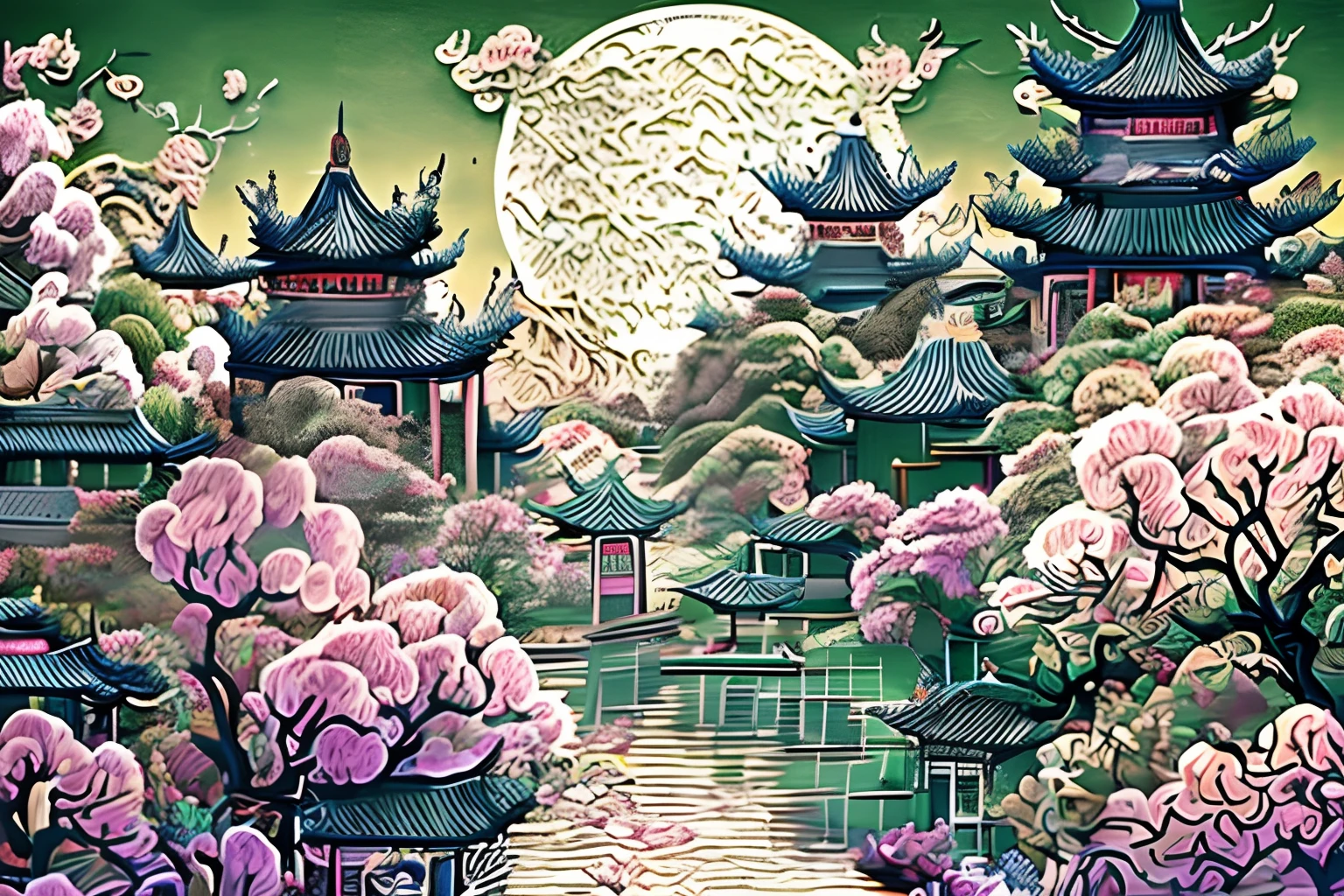 Suzhou Garden under the stars,Chinese architecture,gardens,mountain water,Sea of clouds,exquisitedetails,arte em papel cortado，s fractal art，opulent,(high detal:1.2)