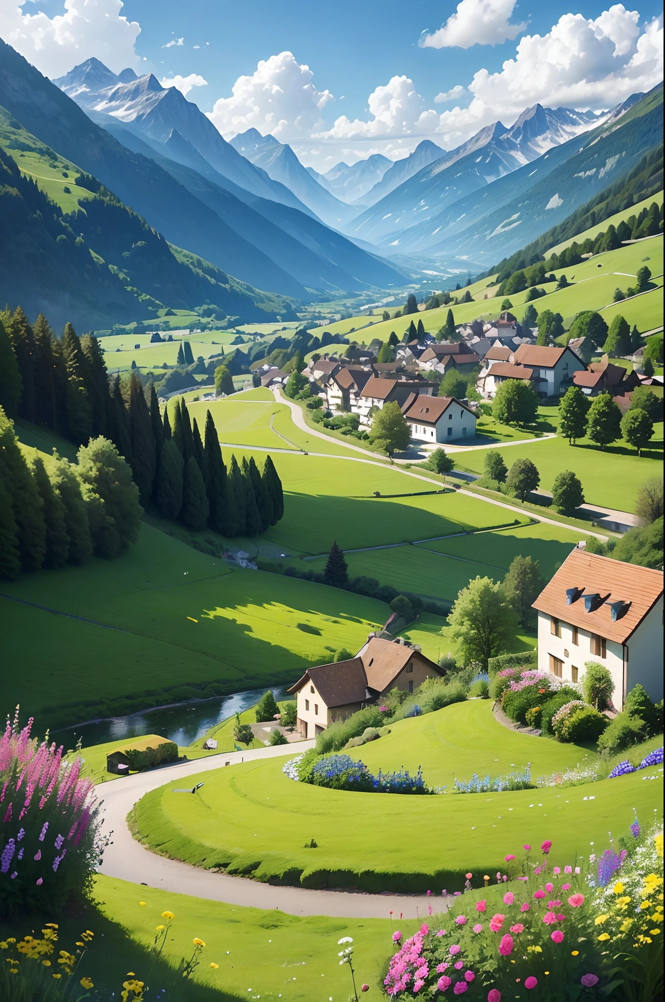 Peaceful and idyllic countryside, Rolling green hills dotted with grazing sheep, Charming villa，Set amidst vibrant flowers, Clear blue sky overhead, Evokes a sense of peace and simplicity, Valle encantador, switzerland, patches of green fields, lush countryside, Valle exuberante,An idyllic village in Milan,，verdant green fields，above a village，Rolling terraces，Colorful garden of flowers and plants，Alpine scenery in the Swiss countryside under the Alps，Carl Sessel Bern，Majestic nature, Swiss architecture, lindo cenario, rios，waterfallr