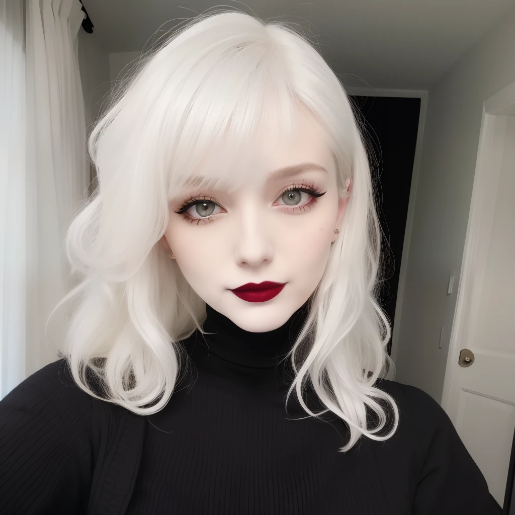 Best quality, masterpiece, super high resolution, (realism: 1.4), white hair, pale skin, bedhead, goth, happy, big black textured turtleneck, black lipstick, smiling, textured, bedroom, sleeves, loose curls, wild hair, messy hair, selfie spiky hair