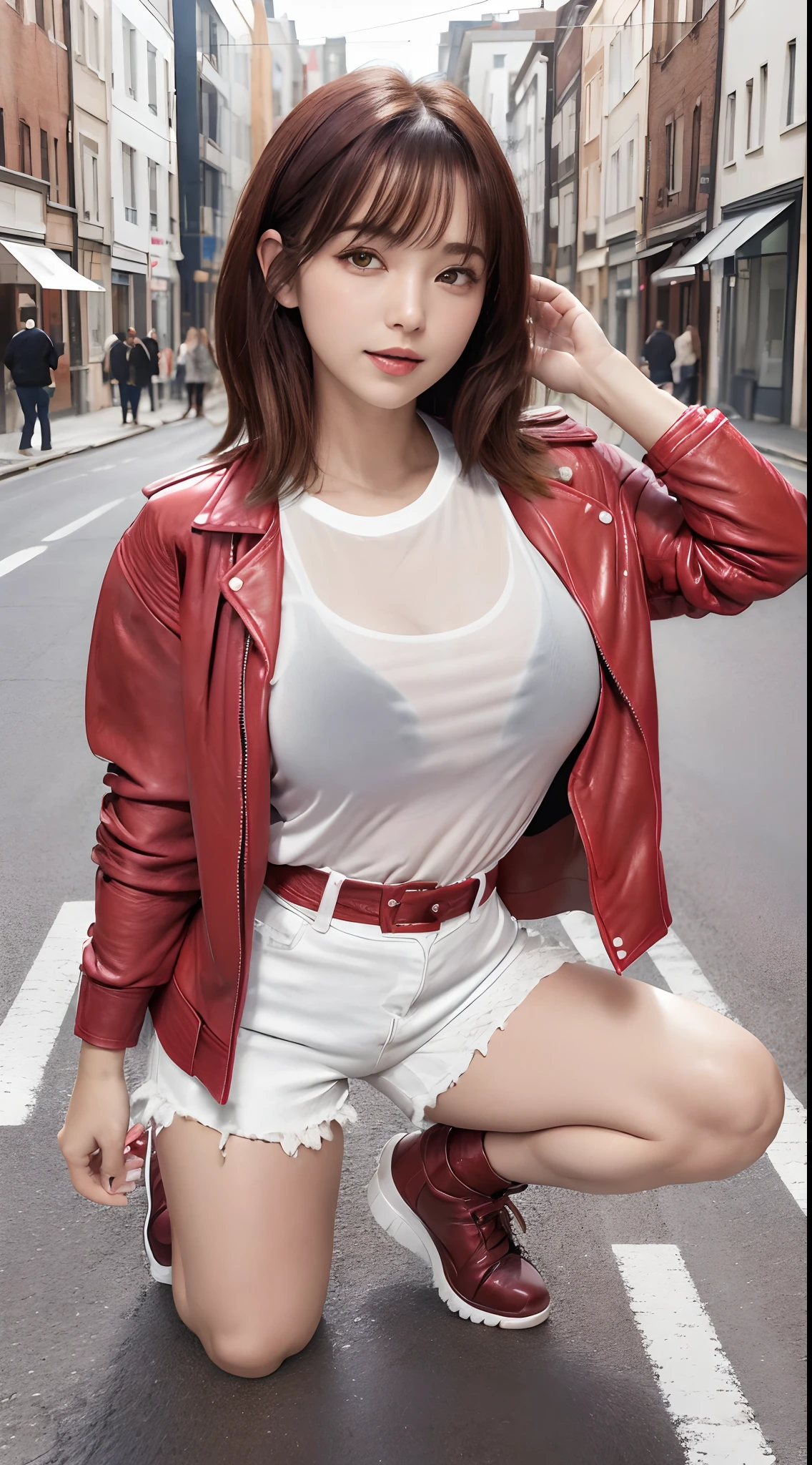 (8K, 超A high resolution, Best Quality, masutepiece:1.2),(18year old:1.2)、(Look away)、8K、RAW portrait of japanese girl、Photorealsitic、超A high resolution、top-quality、 (quite massive chest、cleavage of the breast:1.2)(See-through white t-shirt、See-through white shorts、Wearing a bright red leather jacket:1.4)、(in a street:1.2) BREAK (Natural Skin Texture、Detailed skin、Hyper-Realism、ultra sharpness)、Putting out the navel、intricate detailes、depth of fields、Show the armpits、(Brown Hair Wanlenbob、White sneakers:1.2)(Open your legs wide to the sides、bend knee:1.2)