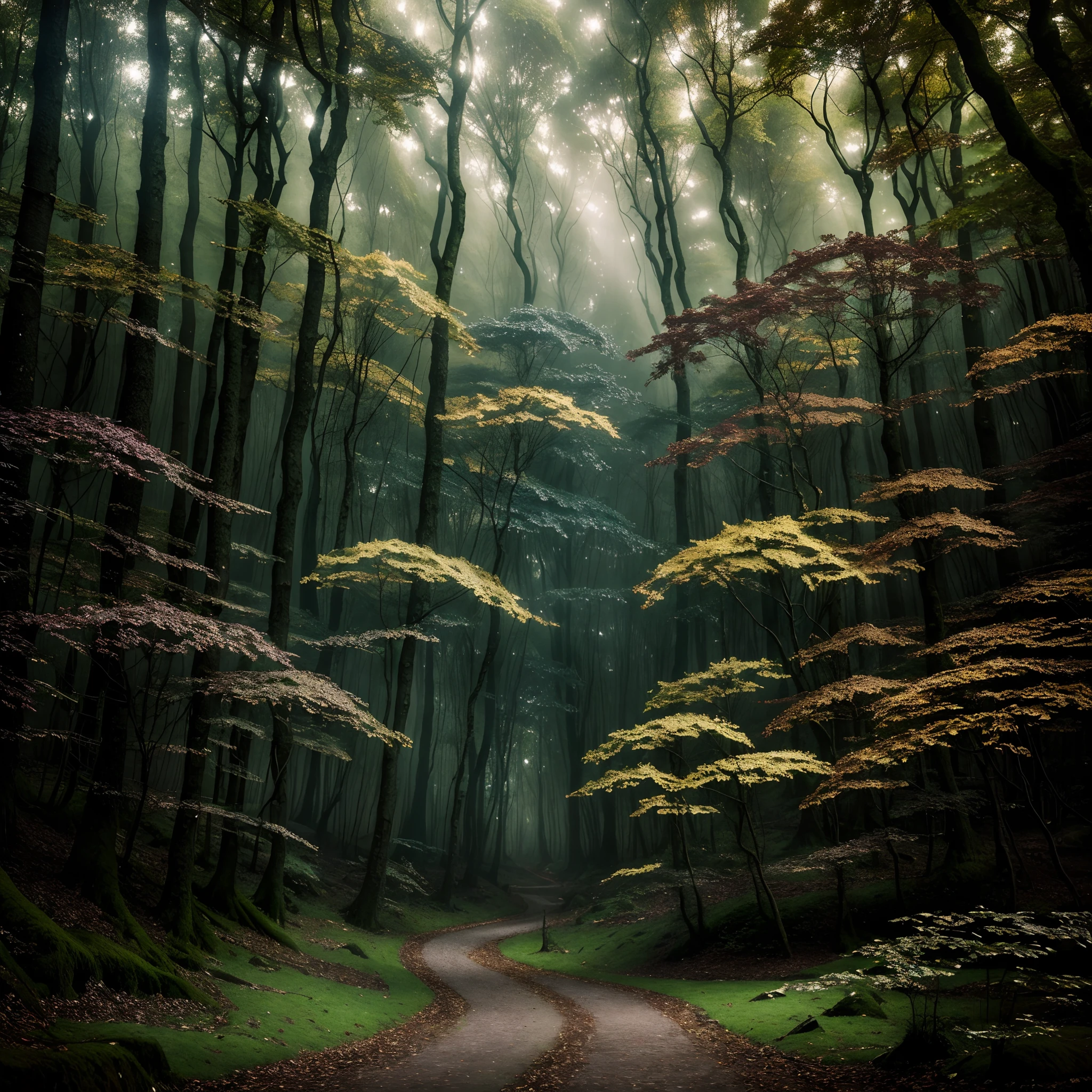 An award-winning photo-style image of a fantasy forest, intricate details, HDR, UHD, 64K, best quality. Complex composition that captures the magical essence of the forest. Experiment with lighting and post-processing techniques to create a surreal and captivating scene. Look for inspiration in the works of Sarah Ann Loreth and Kirsty Mitchell.