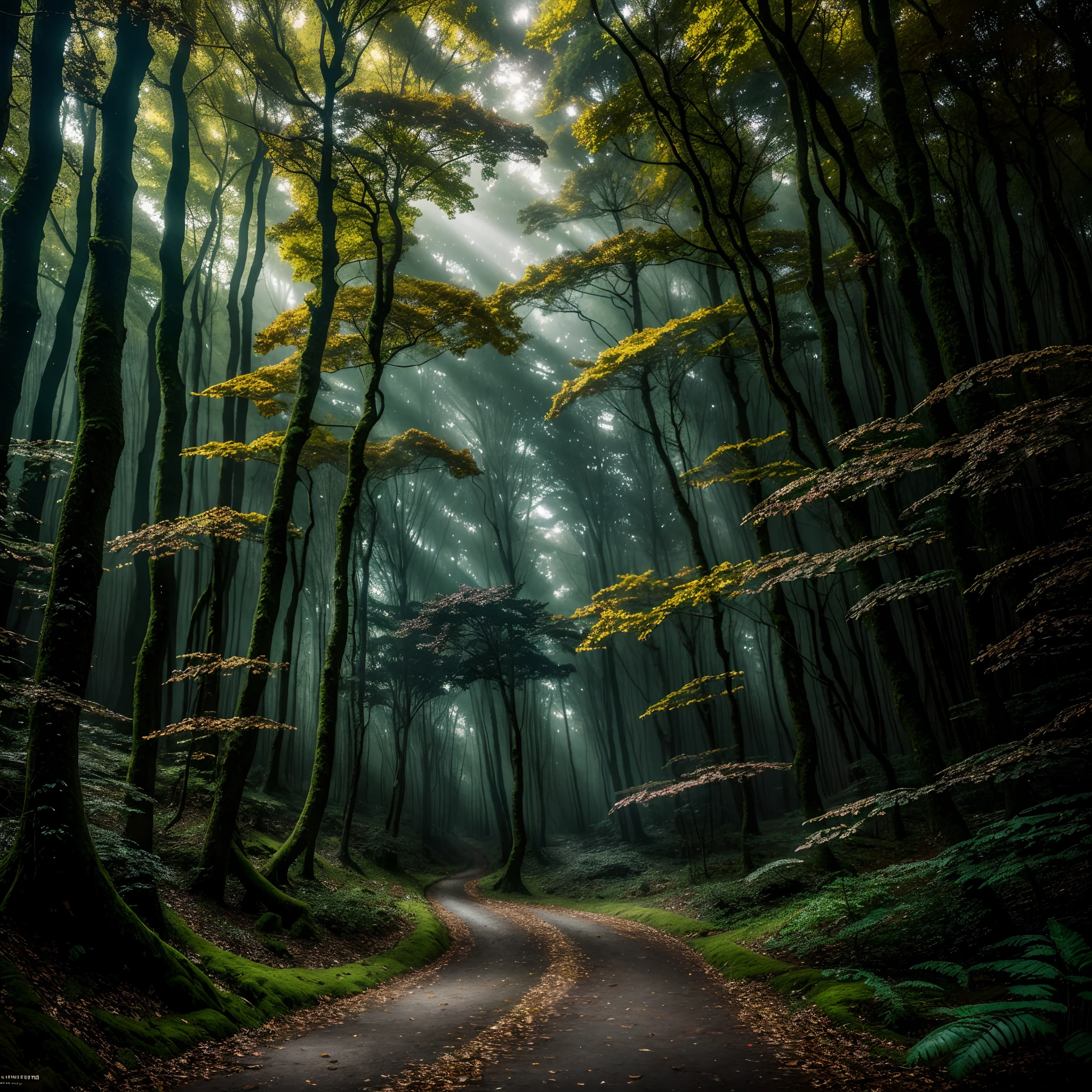 An award-winning photo-style image of a fantasy forest, intricate details, HDR, UHD, 64K, best quality. Complex composition that captures the magical essence of the forest. Experiment with lighting and post-processing techniques to create a surreal and captivating scene. Look for inspiration in the works of Sarah Ann Loreth and Kirsty Mitchell.