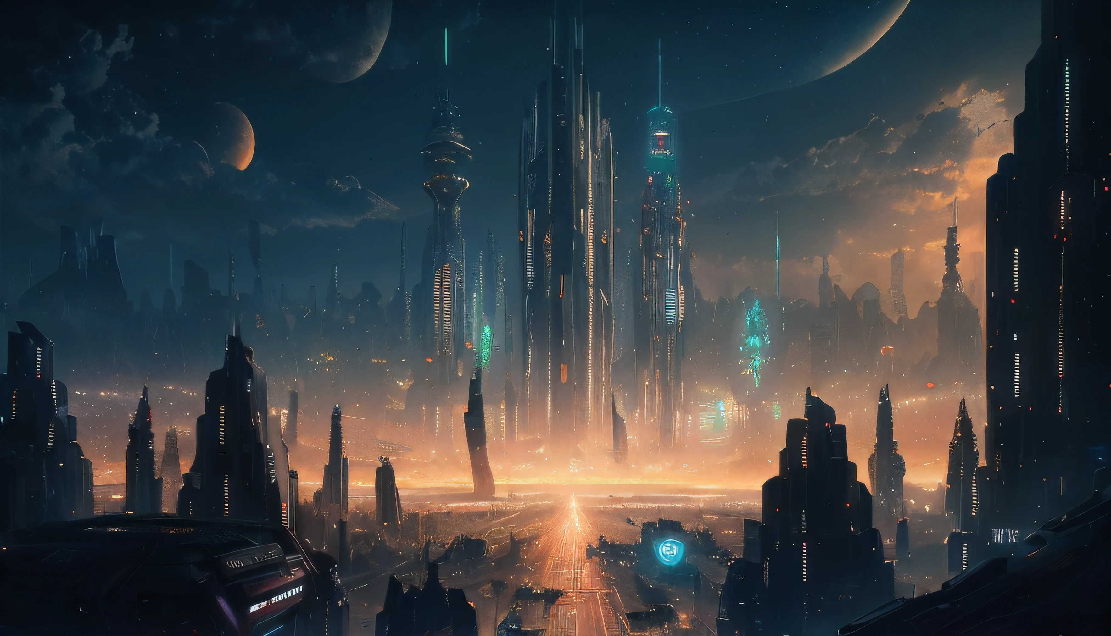 Ciudad futurista con un horizonte futurista por la noche, En Fantasy Sci - Fi City, Ancient Sci - Fi City, Ciudad futurista oscura, Ciencia - Ciudad de la FI, science fiction city, science fiction city, Enorme ciudad templo futurista, Hermosa ciudad del futuro, Otra palabra ciudad futurista, futuristic metropolis, Futuristic city, Greg Beeple, Arstation y Beeple altamente, (cyber punk), ultra reality