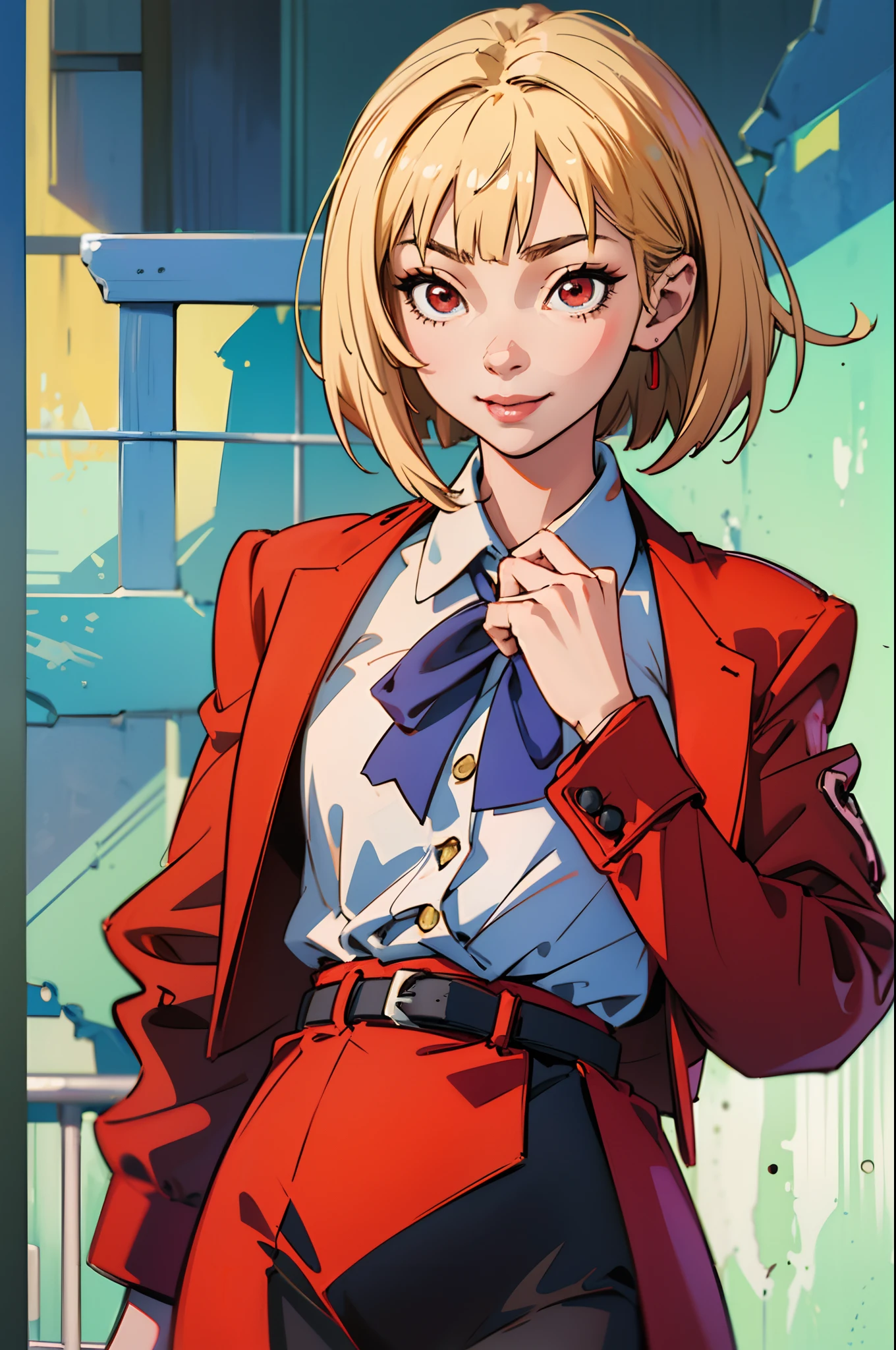 nishikigi chisato, lycoris uniform, blonde hair, short hair, red eyes, smiling, smile face, hair ribbon, looking at viewer, bob cut, red jacket, collared shirt, belt, neck ribbon, red dress,masterpiece, best quality, 8k,absurdres,unity 8k wallpapper,extremely detailed,highestres,highres,Amazing,illustration,vibrant details,professional,highly detailed,perfect detailed face, 1girl, random background, creative pose, anime style, nishikigichisato, chisato nishikigi, anime, lycoris recoil, hair ribbon, --auto --s2