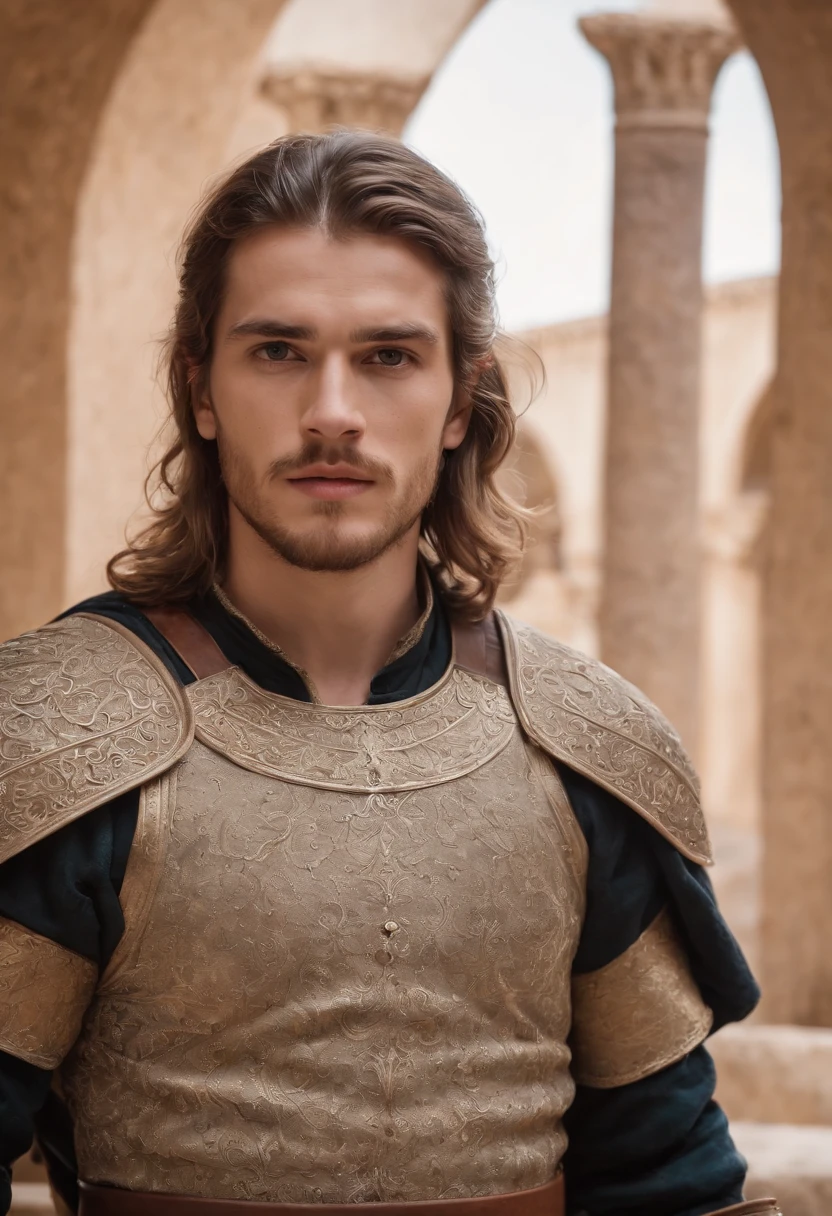 strong, A young man with brown and white hair, A light beard and a full body dressed as a warrior standing in the palaces of Andalusia looking at the camera carrying a sword