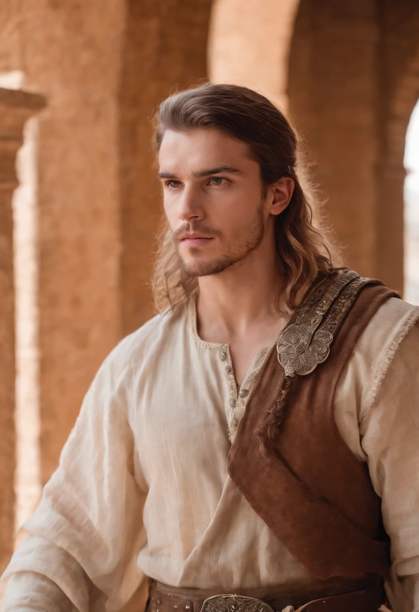 strong, A young man with brown and white hair, A light beard and a full body dressed as a warrior standing in the palaces of Andalusia looking at the camera carrying a sword