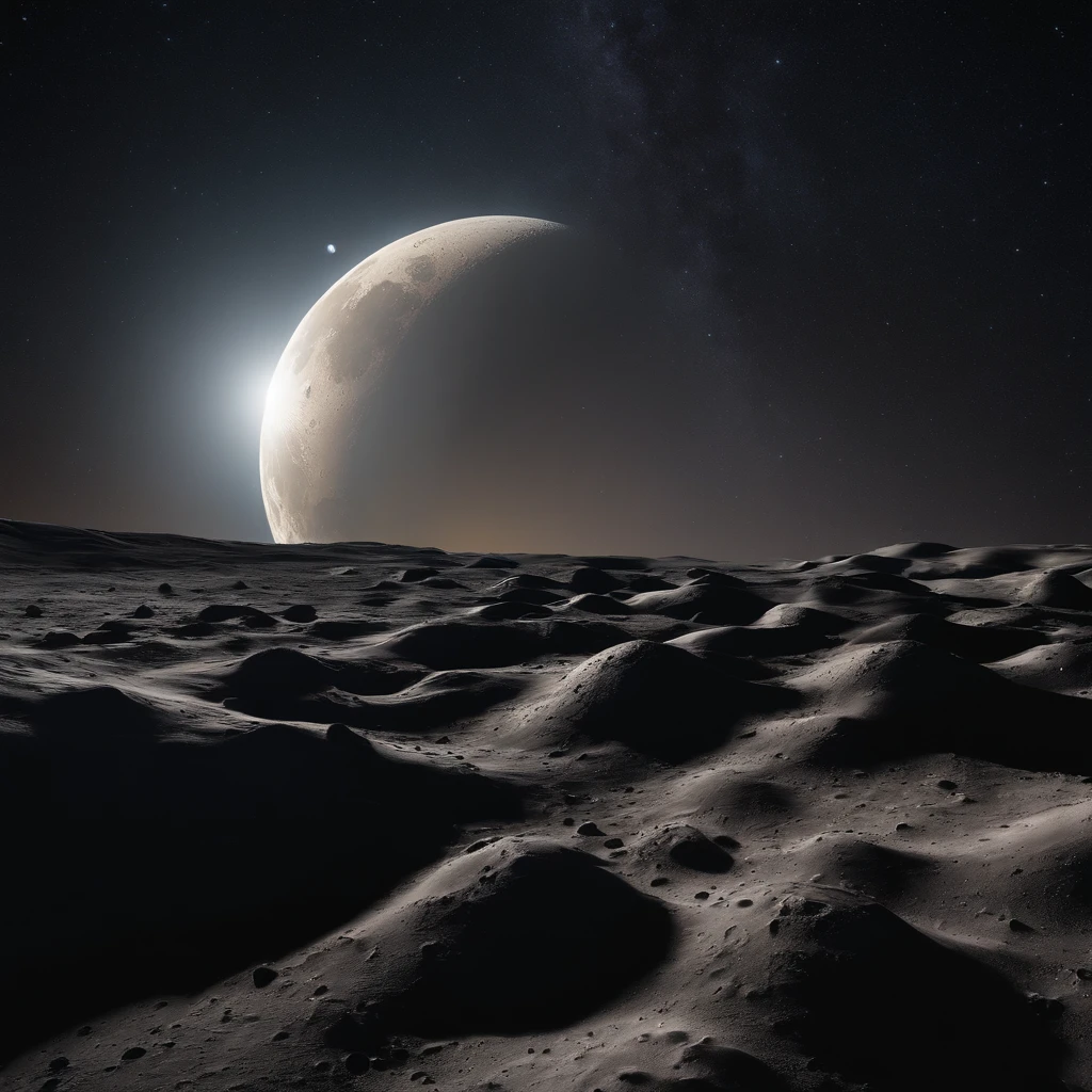 Master Parts、Superior Quality、superior image quality、The 8k quality、Beautiful pictures of the starry sky、magnifica、Arched Milky Way:1.25、Alafed view of Earth from the lunar surface:1.25, Lunar surface, space photo, on the moon, moon background, moon background, on the moon, Lunar soil, space photo, moonscape, Focus on the Moon, On Moon, Numerous craters, Seeing the Earth from the surface of the moon:1.9, big earth in the sky:1.9, Crashed and weathered spaceship