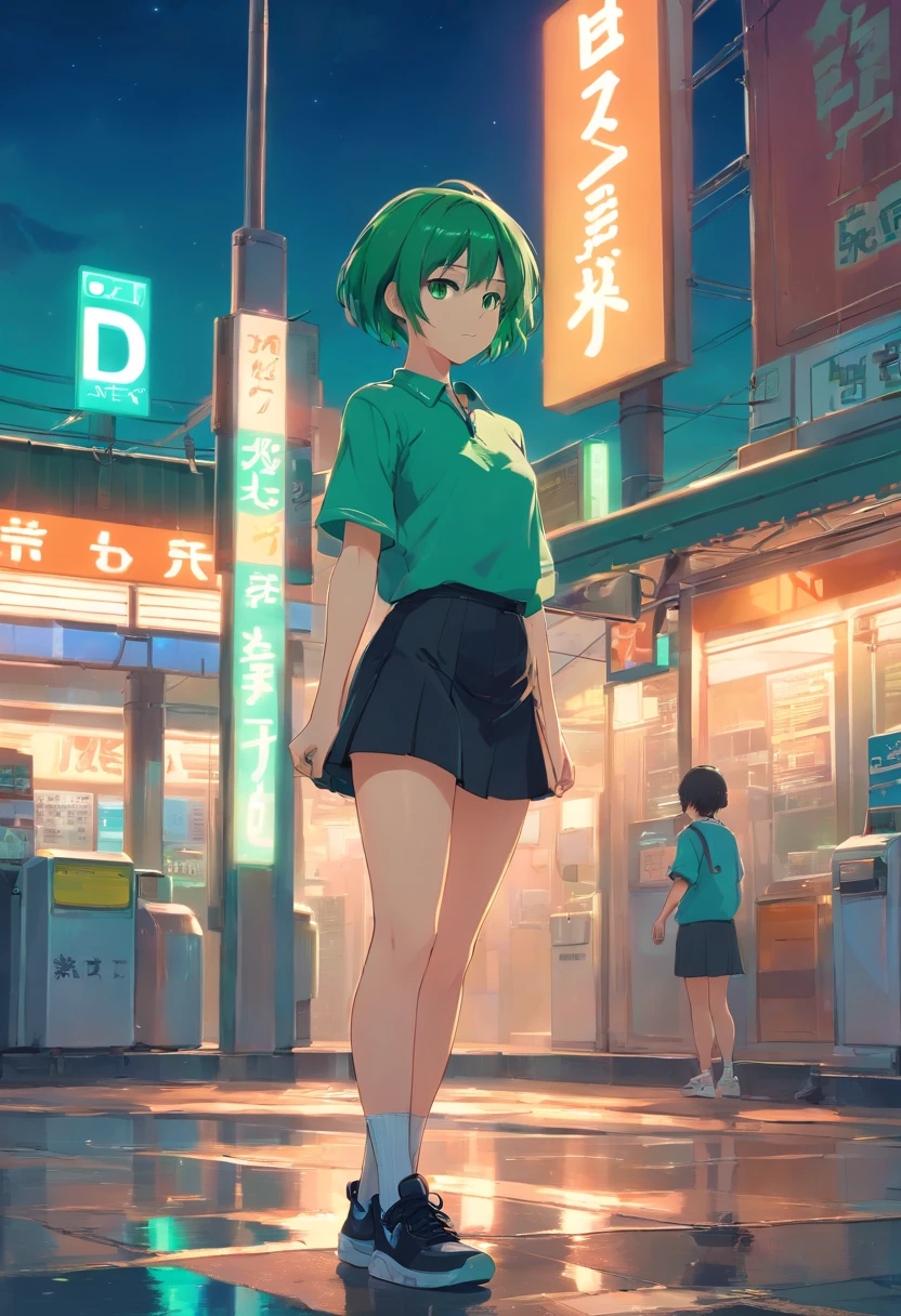 1girl, short green hair, brown eyes, wearing black nylon shirt a white letter D on the front of shirt, short black skirt, black thigh high stockings, white sneakers, tattoo right arm, outside gas station, under a neon street light, NIght time, City, absurdres, high res, ultrasharp, 8k, masterpiece, looking at viewer.