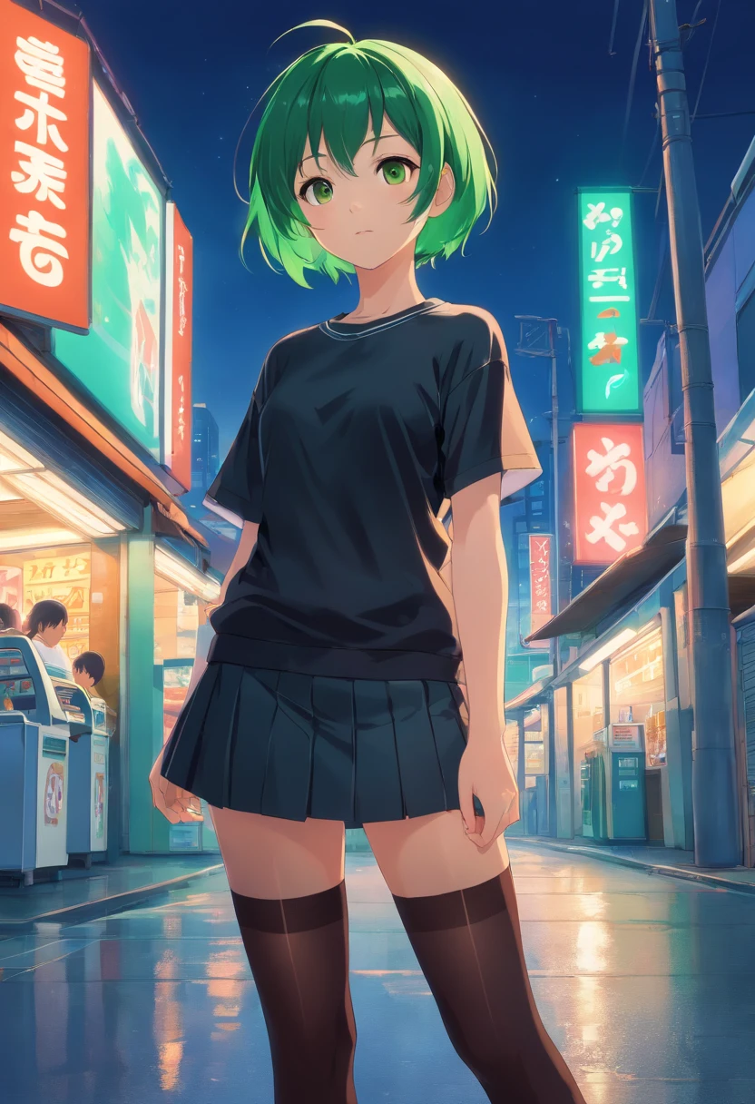 1girl, short green hair, brown eyes, wearing black nylon shirt a white letter D on the front of shirt, short black skirt, black thigh high stockings, white sneakers, tattoo right arm, outside gas station, under a neon street light, NIght time, City,  absurdres, high res, ultrasharp, 8k, masterpiece, looking at viewer.
