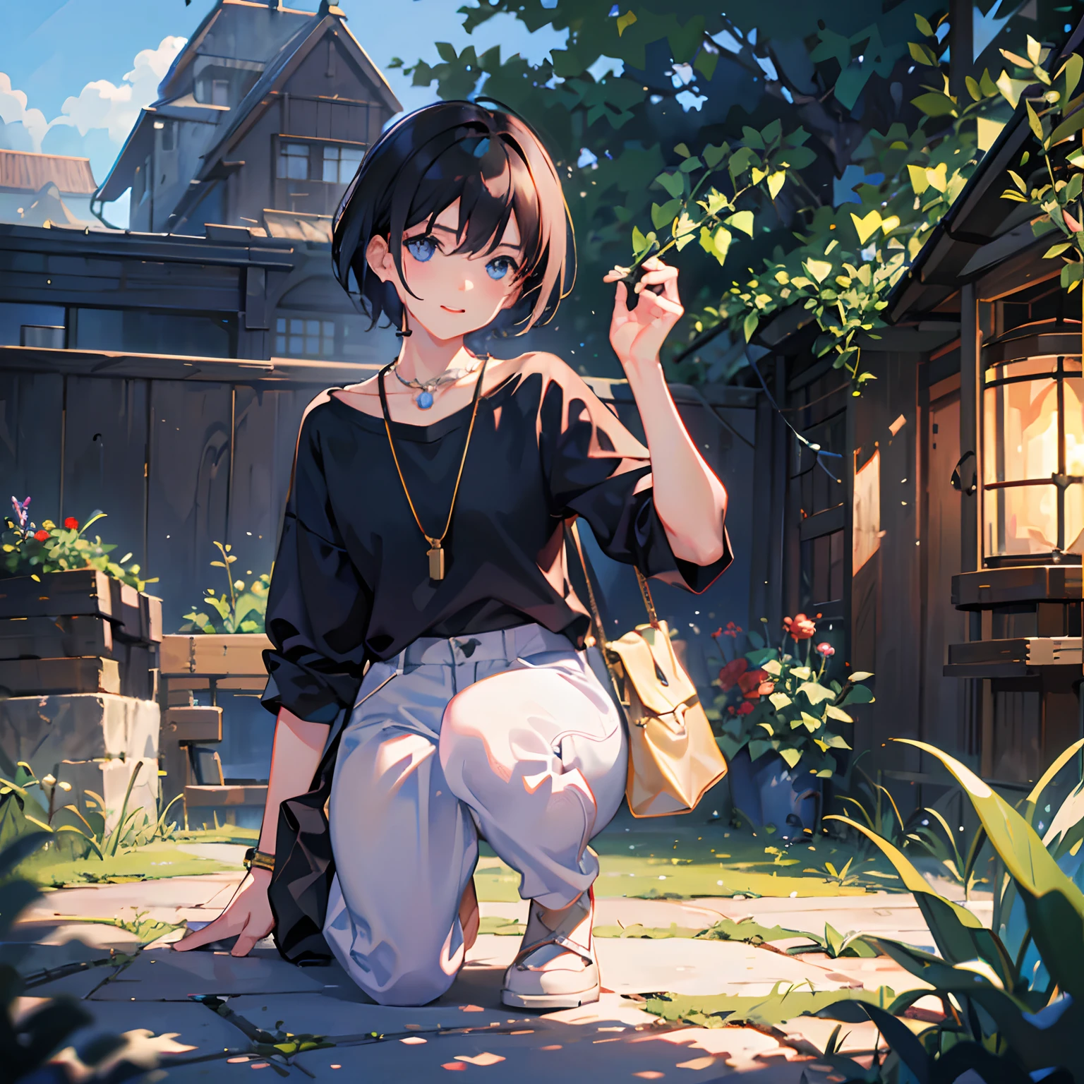 1boy, apple, bag, bangs, berry, black hair, black shirt, blue eyes, hair between eyes, jewelry, leaf, looking at viewer, male focus, necklace, pants, shirt, solo, watch, white pants, wristwatch, messy hair, trending on artstation, 8k resolution, highly detailed, anatomically correct, sharp image, digital painting, concept art, trending on pixiv, style of makoto shinkai,