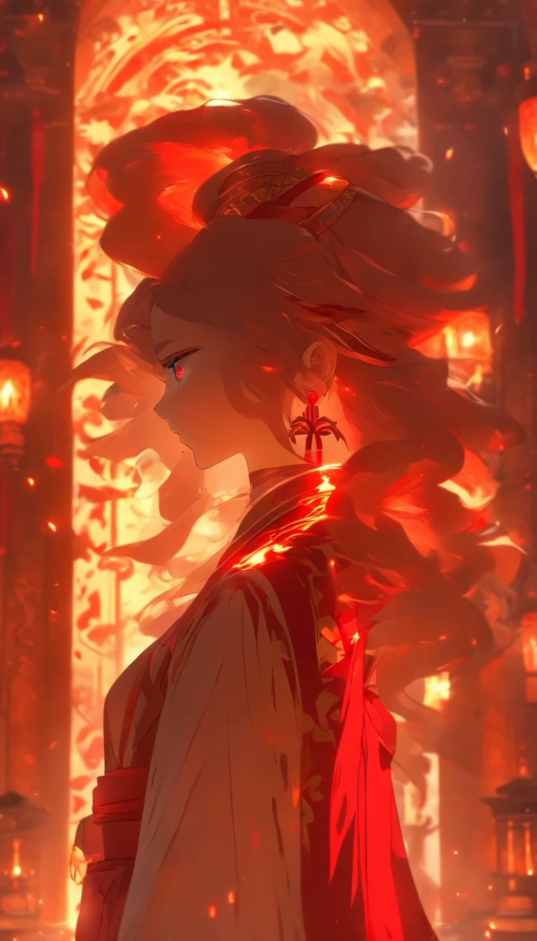 digital art, full body, masterpiece, best quality, 1girl, red eyes, long flowing red hair, inside a temple, solo, looking at viewer, long ceremonial costume, circle of magic, sunlight, cinematic lighting, 8k,