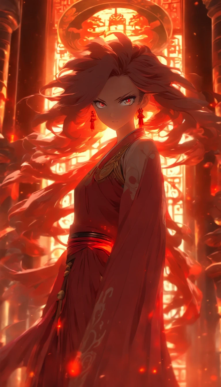 digital art, full body, masterpiece, best quality, 1girl, red eyes, long flowing red hair, inside a temple, solo, looking at viewer, long ceremonial costume, circle of magic, sunlight, cinematic lighting, 8k,