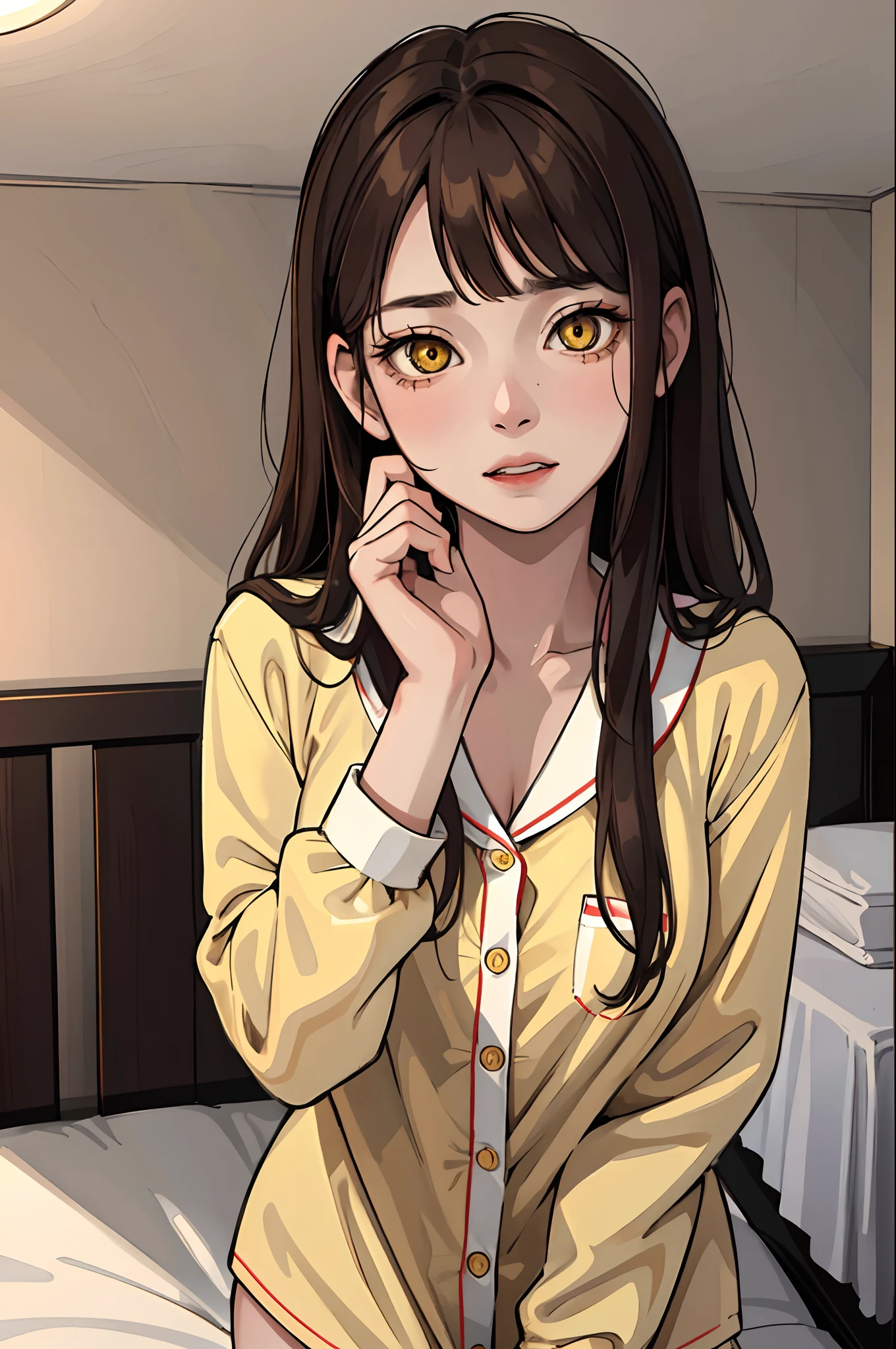 A very young and cute school girl, brown hair, yellow eyes, wearing highly detailed and sexy pajamas, uncomfortable and terrified facing expression, dark chilling horror film elements, waking up from a horrible nightmare, in her bed, highly detailed bedroom, highly detailed background, perfect masterpiece, high quality, high resolution