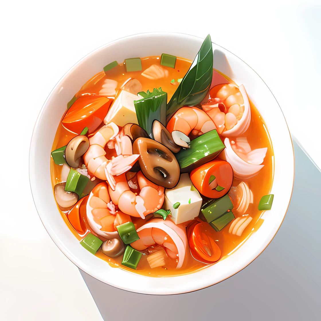 anime, a bowl of soup with shrimp, vegetables and mushrooms, soup,