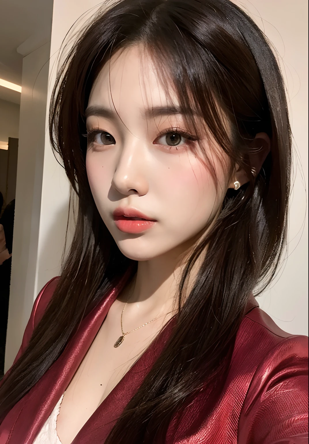 a close up of a woman com cabelo ruivo and a black jacket, soft devil quee, com cabelo ruivo, Jennie Kim, cabelos tingidos de vermelho, cabelos longos vermelhos castanhos, com longos cabelos ruivos, Jennie, cerveja madison girl portrait, 18 anos de idade, thick lips, asian, com cabelo ruivo escuro, blackpink jennie