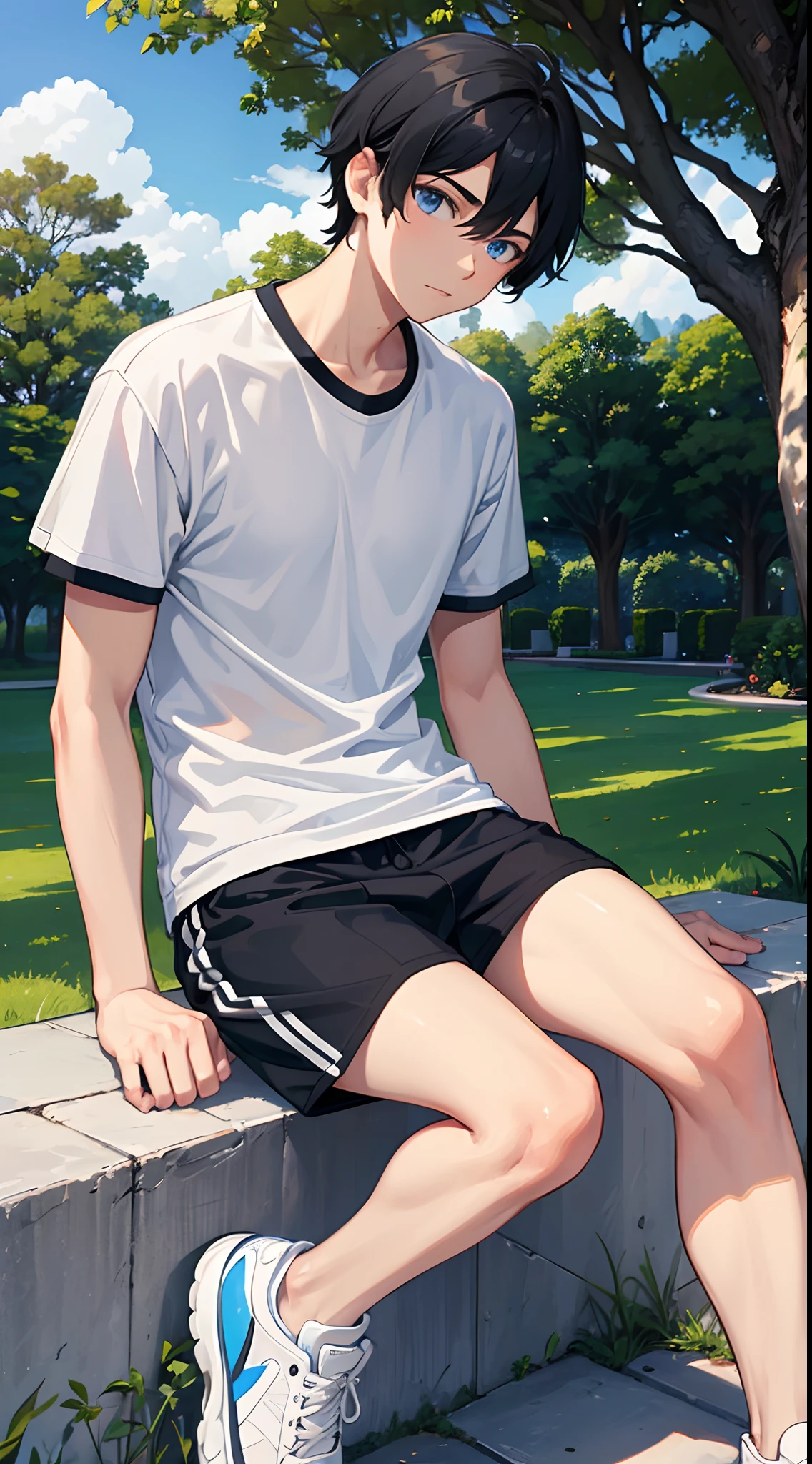 Very detailed black hair boy, detailed realistic blue eyes, muscular, wearing t-shirt, short blanco, with an erection, sitting on a bench, barefoot