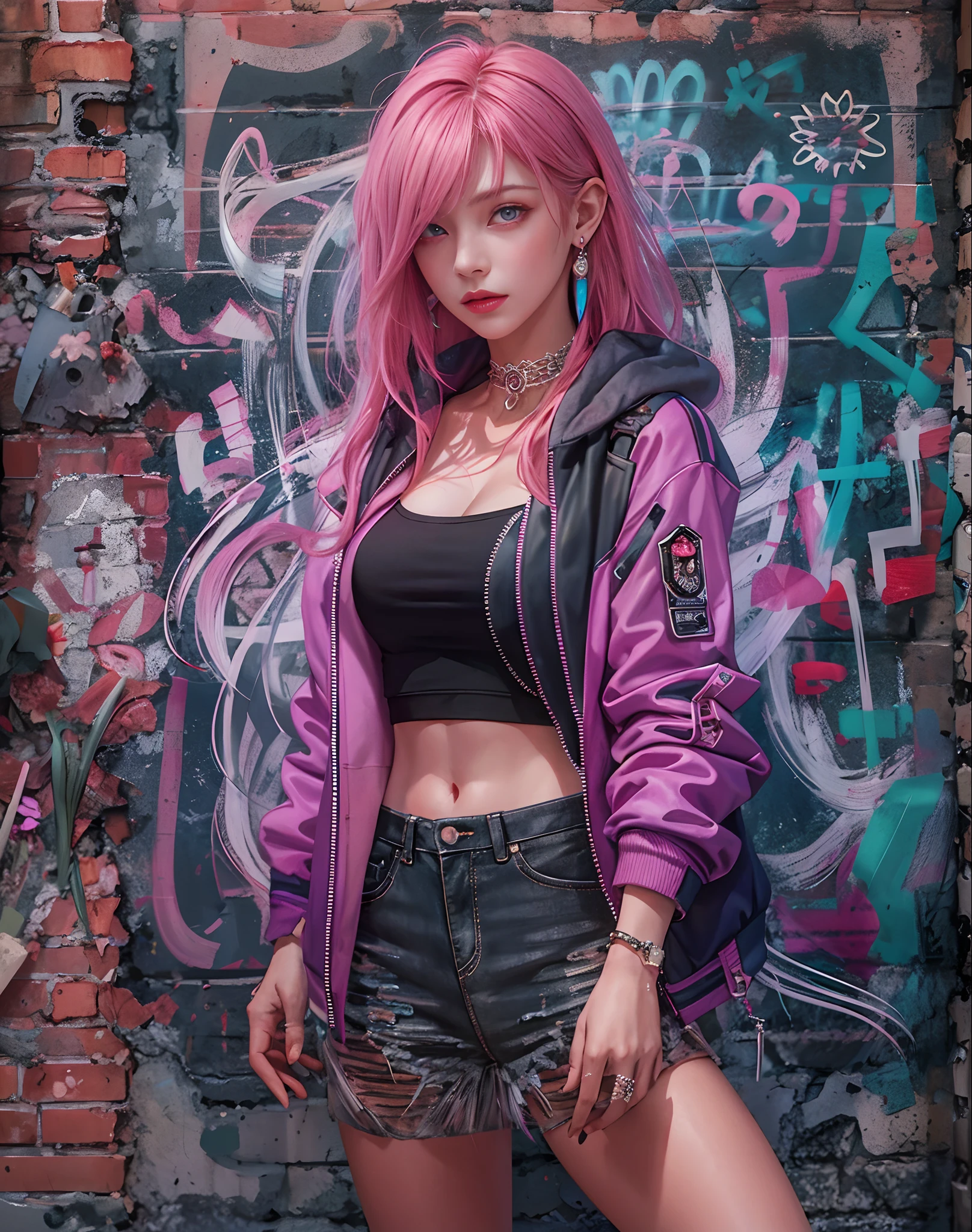 (Masterpiece, Best Quality, 1girl, 独奏, intricate details, chromatic aberration), Realistic, ((Middle Breath)),hairlong, pink hair, Decoration on a red head, Pink highlights, hair above one eye, violet eyes, earings, sharp eyes, Choker, neon shirt, open jacket, crop-top, (symmetry eyes),(perfect symmetrical body),sitting on a stone, Pursed knees, Holding his leg with his hand, Hand at the bottom, graffiti, dim lighting, alley ,Look at the viewer, ((((cinematic look)))), soothing tones, contour light,