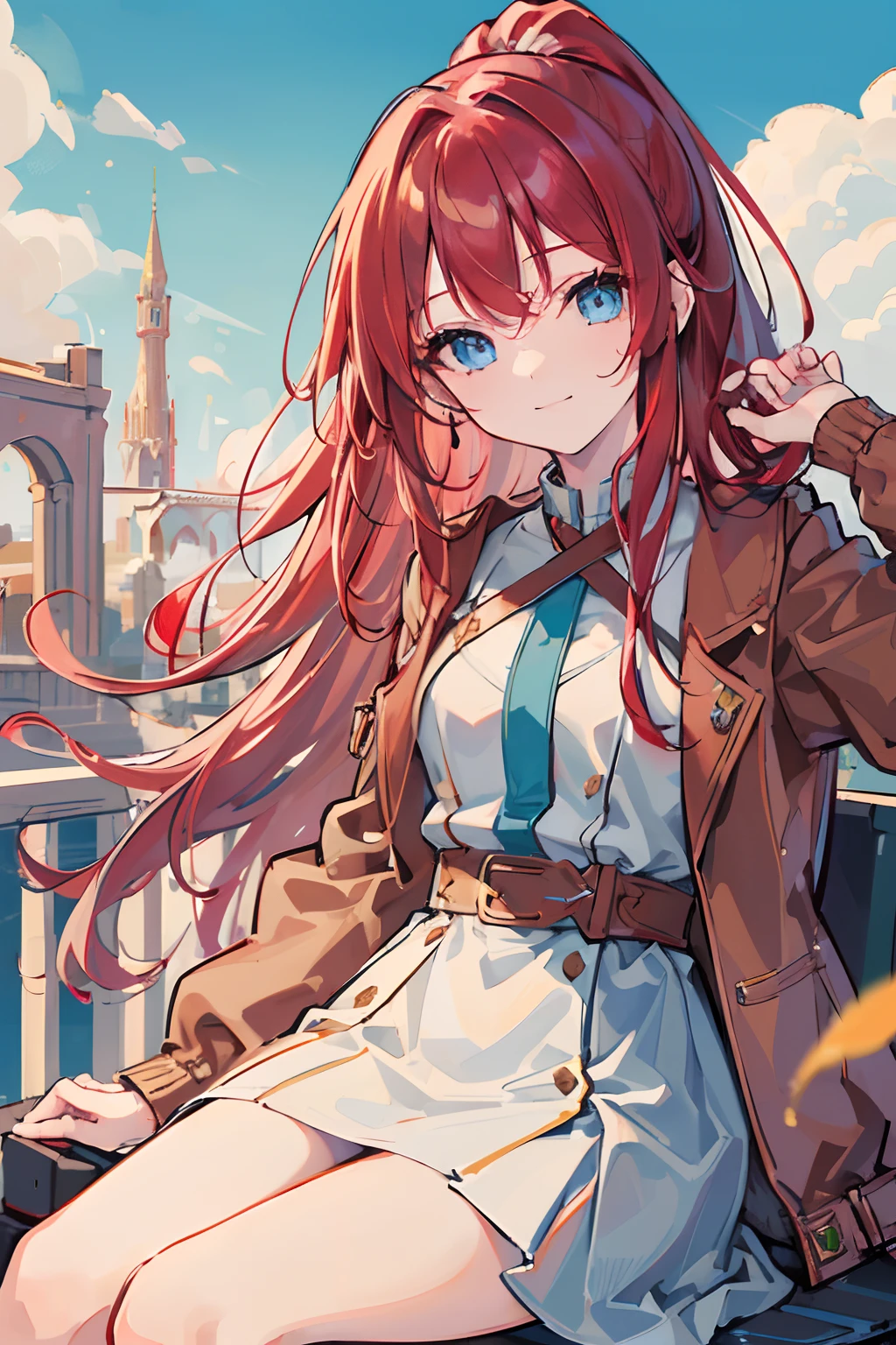 1girl, masterpiece, high quality, ((red hair)), ((straight hair)), ponytail, ((waist-length hair)), long hair, (((blue eyes))), (wearing a check dress), (wearing a brown jacket), in the Europe, smiling, sitting on the white chair, blue sky, light sky, ((detail face))
