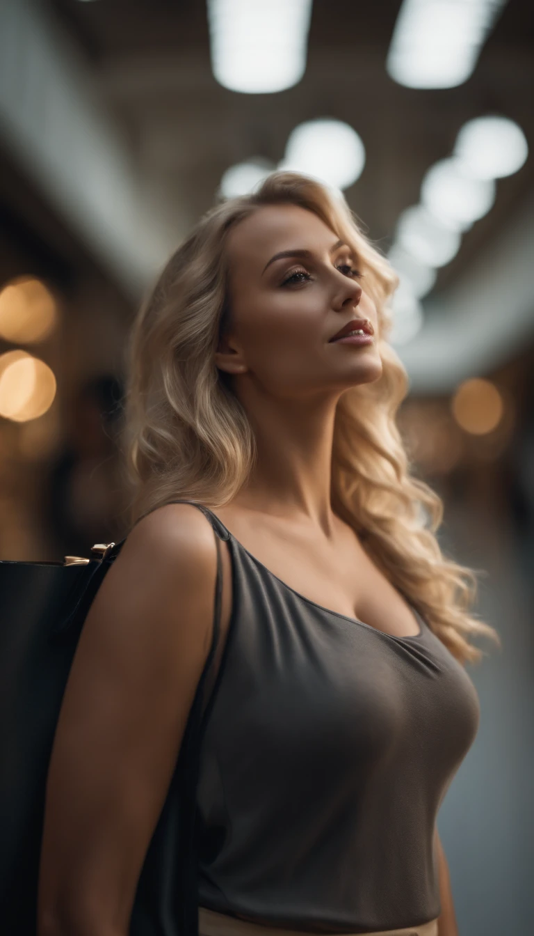 (Best quality, 8k, 32k, masterpiece, UHD: 1.2), photo of beautiful blonde Caucasian woman, large breasts, upper body, face focus, shirt, necklace, simple background, from above, looking at the viewer, large shopping mall, carrying shopping bags, ultra realistic,