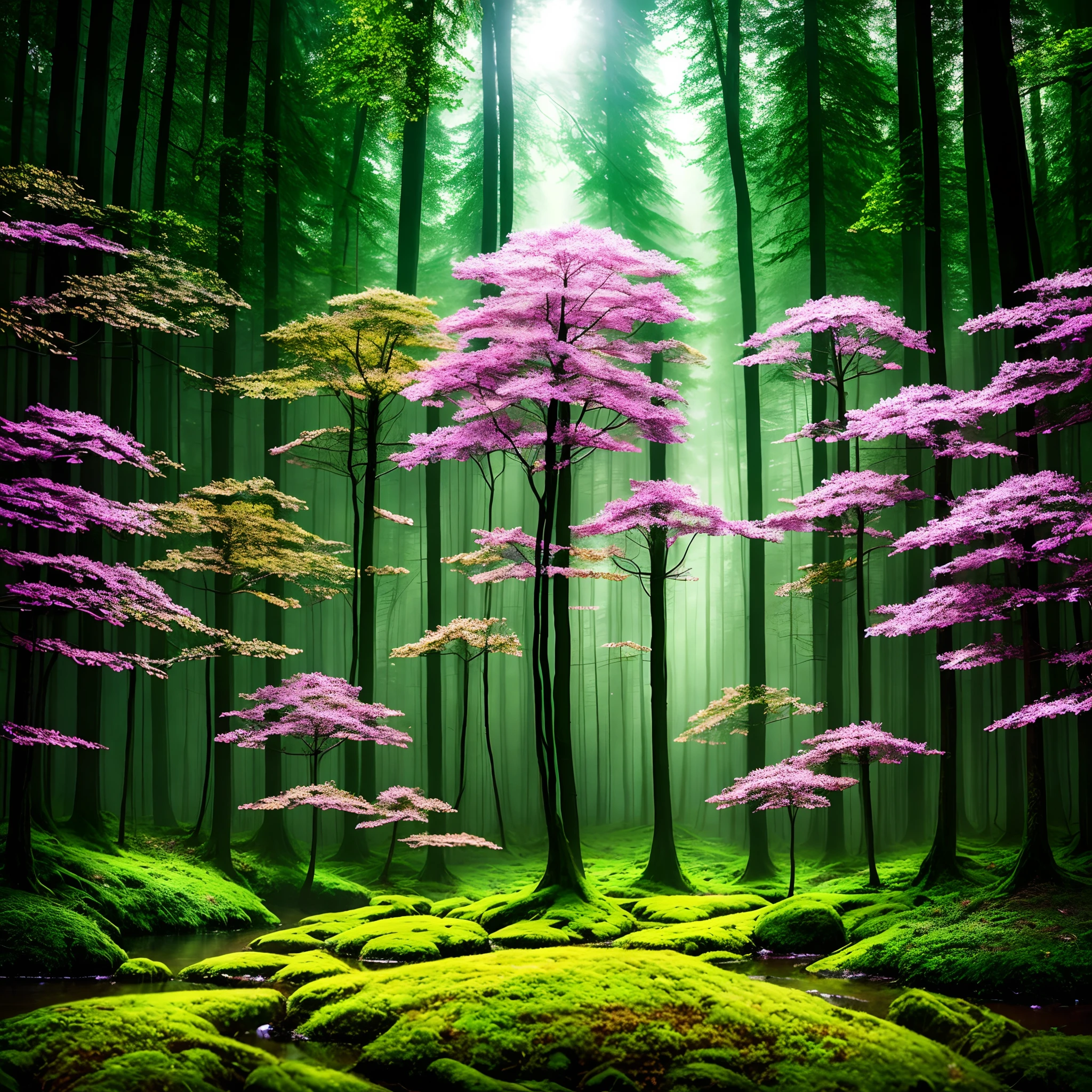 An award-winning photo-style image of a fantasy forest, intricate details, HDR, UHD, 64K, best quality. Complex composition that captures the magical essence of the forest. Experiment with lighting and post-processing techniques to create a surreal and captivating scene. Look for inspiration in the works of Sarah Ann Loreth and Kirsty Mitchell.