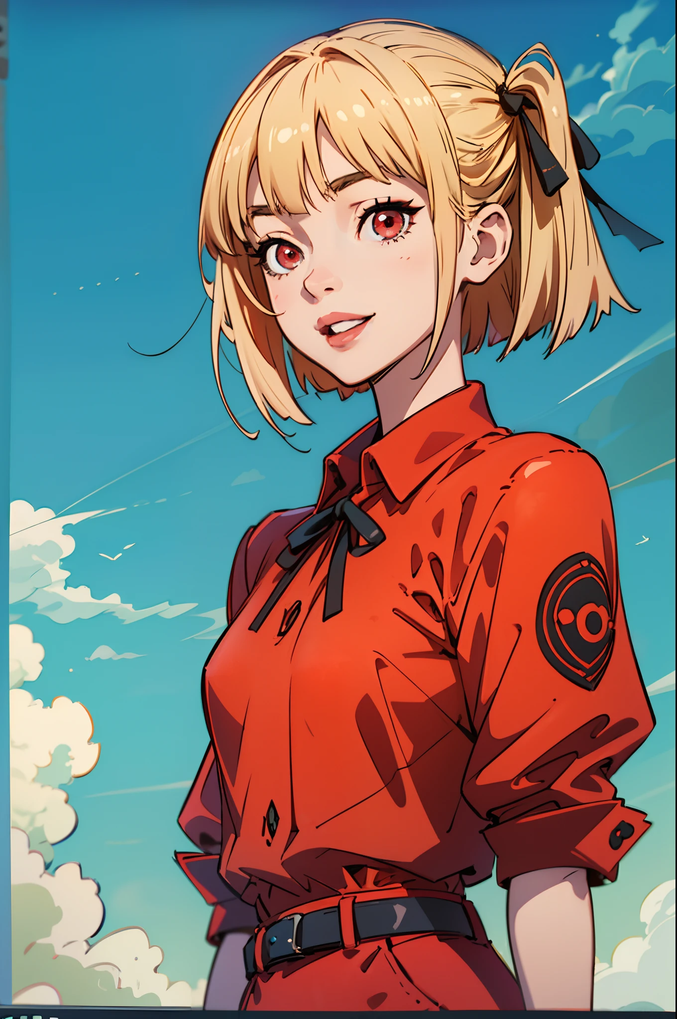 nishikigi chisato, lycoris uniform, blonde hair, short hair, red eyes, smiling, smile face, hair ribbon, looking at viewer, bob cut, red jacket, collared shirt, belt, neck ribbon, red dress,masterpiece, best quality, 8k,absurdres,unity 8k wallpapper,extremely detailed,highestres,highres,Amazing,illustration,vibrant details,professional,highly detailed,perfect detailed face, 1girl, random background, creative pose, anime style, nishikigichisato, chisato nishikigi, anime, lycoris recoil, hair ribbon, --auto --s2