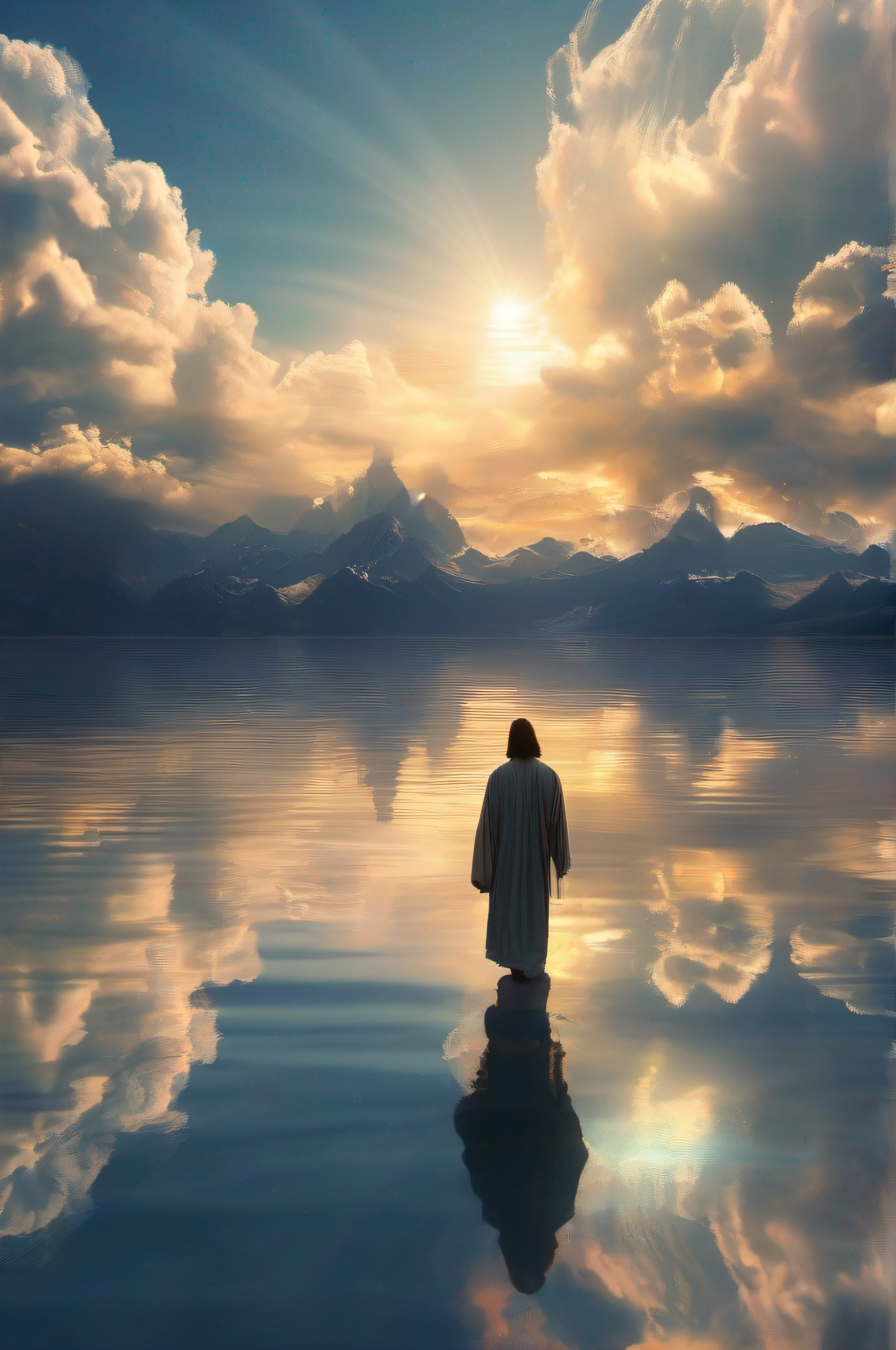 ((((a tranquil lake)))),(((((jesus walking on water・Christ))))),(((((jesus walking on water・Christ))))),(((((jesus walking on water・Christ))))),{the sea and storms behind him},{Magnificent clouds and godlike lighting},{Dramatic light spiritual scenes},{Standing in the maelstrom},{Magnificent clouds and lighting},{Tron Legacy{{{Jesus}}}},(((Surrounded by clouds and light))),{He's getting closer to heaven},{{{{Tron Legacy Jesus}}}}