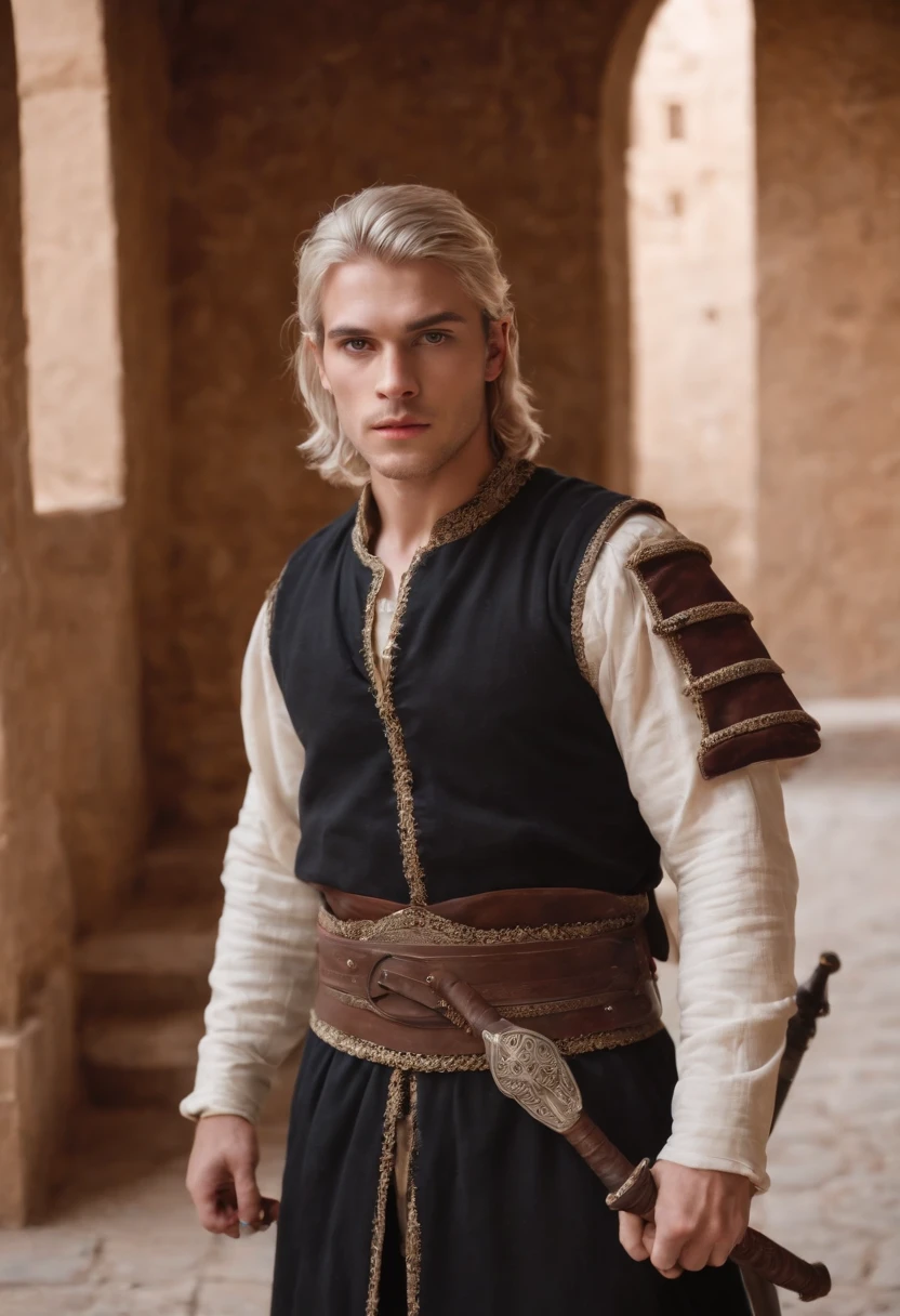 strong, A young man with brown and white hair, A light beard and a full body dressed as a warrior standing in the palaces of Andalusia looking at the camera holding a sword wearing black