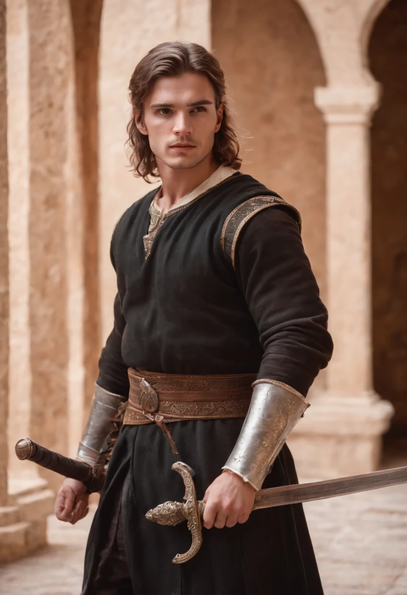 strong, A young man with brown and white hair, A light beard and a full body dressed as a warrior standing in the palaces of Andalusia looking at the camera holding a sword wearing black