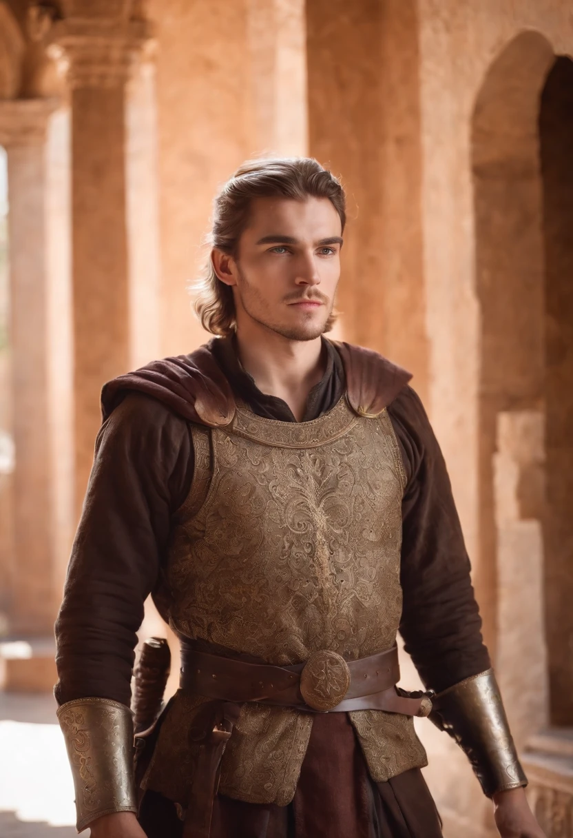 strong, A young man with brown and white hair, A light beard and a full body dressed as a warrior standing in the palaces of Andalusia looking at the camera holding a sword wearing black