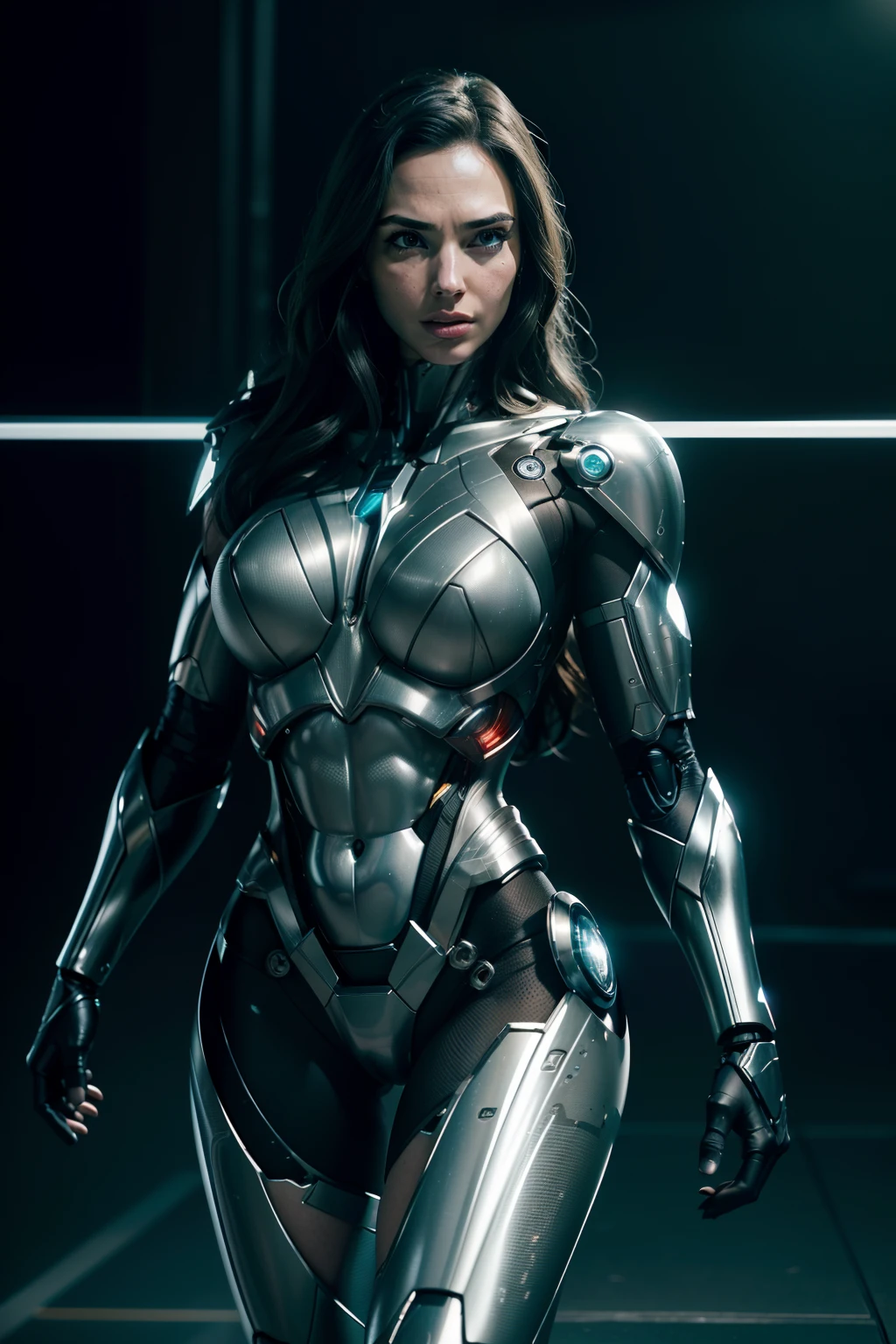 Gal Gadot as Cyborg from Zack Snyder Justice League, ((silver color mechanical cyborg body, full robot body)), (glowing lights), (dynamic pose), (hyper realistic:1.4), (realistic:1.3), (best quality real texture skin), full body, (Cinematic Light), highly detailed skin, skin pores, (highly detailed face:1.1), (highly detailed eyes:1.1), realistic pupils, (perfect anatomy:1.1), (perfect proportions:1.1), (photography:1.1), (photorealistic:1.1), volumetric lighting, dynamic lighting, real shadows, (highres:1.1), sharp focus, daylight, (realistic, hyperrealistic:1.4), intricate, high detail, dramatic, subsurface scattering, big depth of field, vivid, polished, sharpened, ((full Sharp)), (extremely absurdres),8k hdr