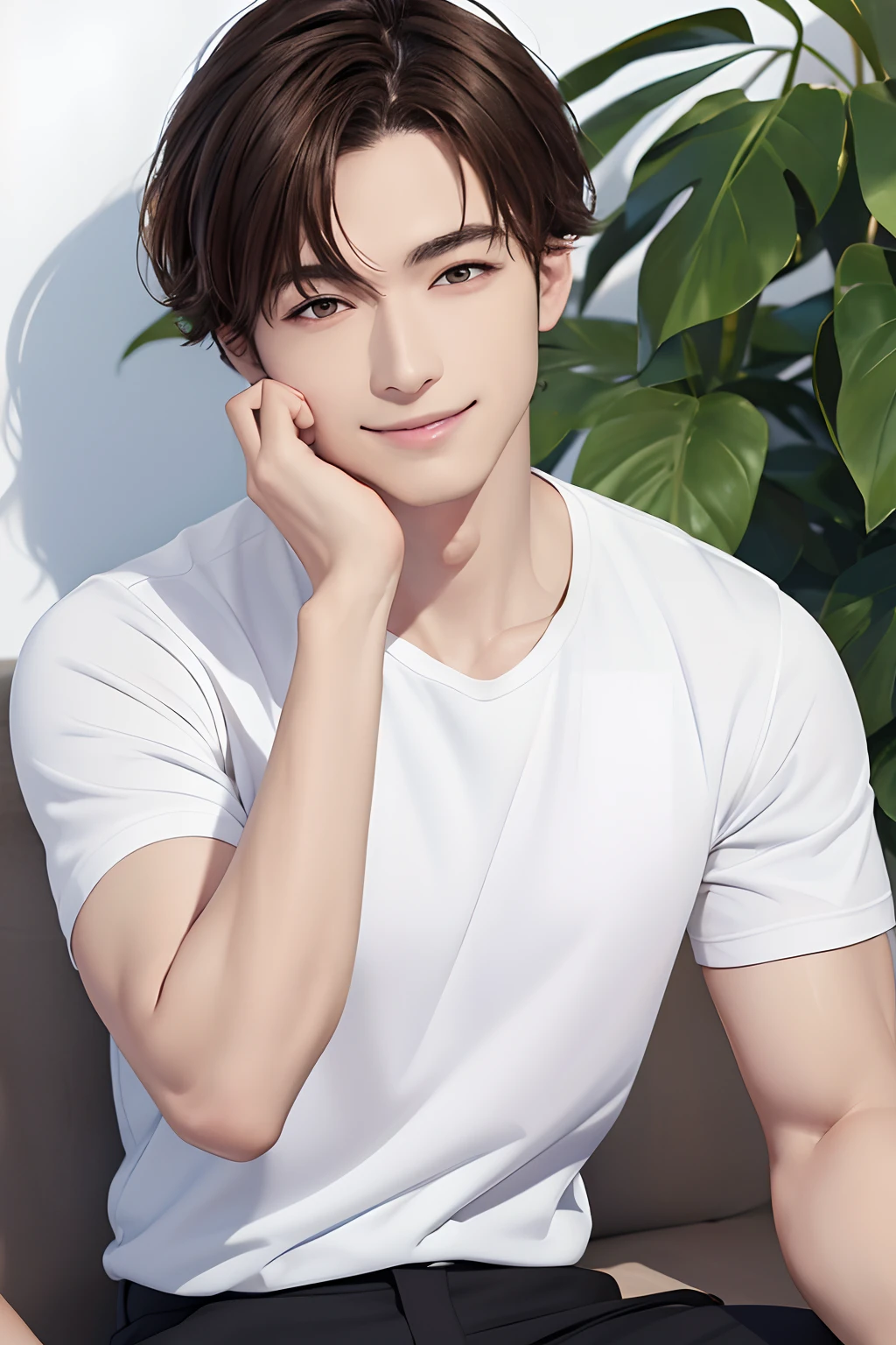 White background、FULL BODYSHOT、an oil painting、Live-action、masterpiece、top-quality、hight resolution、Brown hair、20Only male、A smile、English PrintsTThe shirt、male people、blancheTThe shirt、Cargo pants、Black pants、A man is alone、