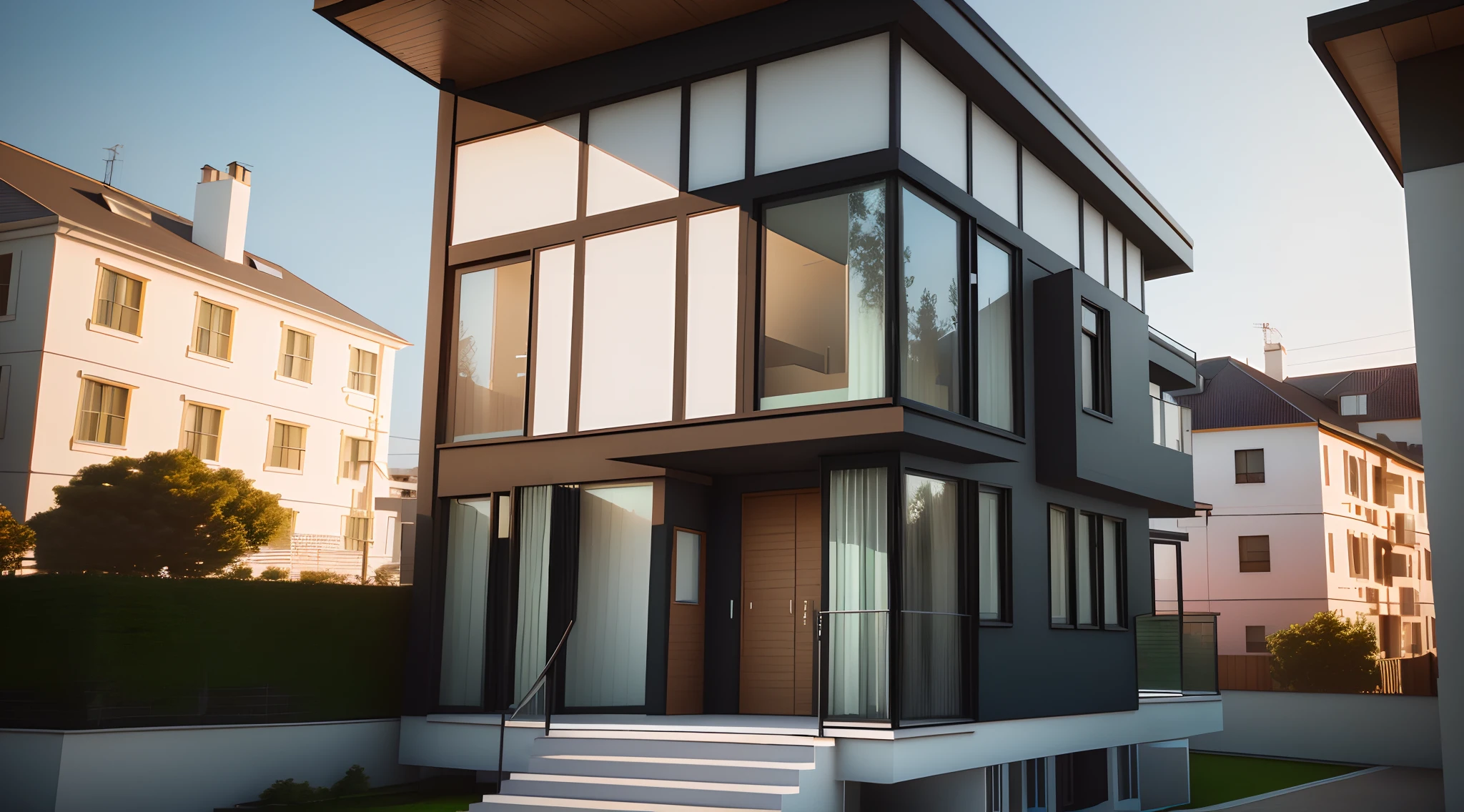 there is a small house with a lot of windows and a balcony, concept house, frontview, overall architectural design, architecture render, front perspective, front elevation view, final render, front-view, front view dramatic, mid-view, finalrender, architectural render, complex 3 d render, 3 d rendering, complex 3d render, 3d rendering