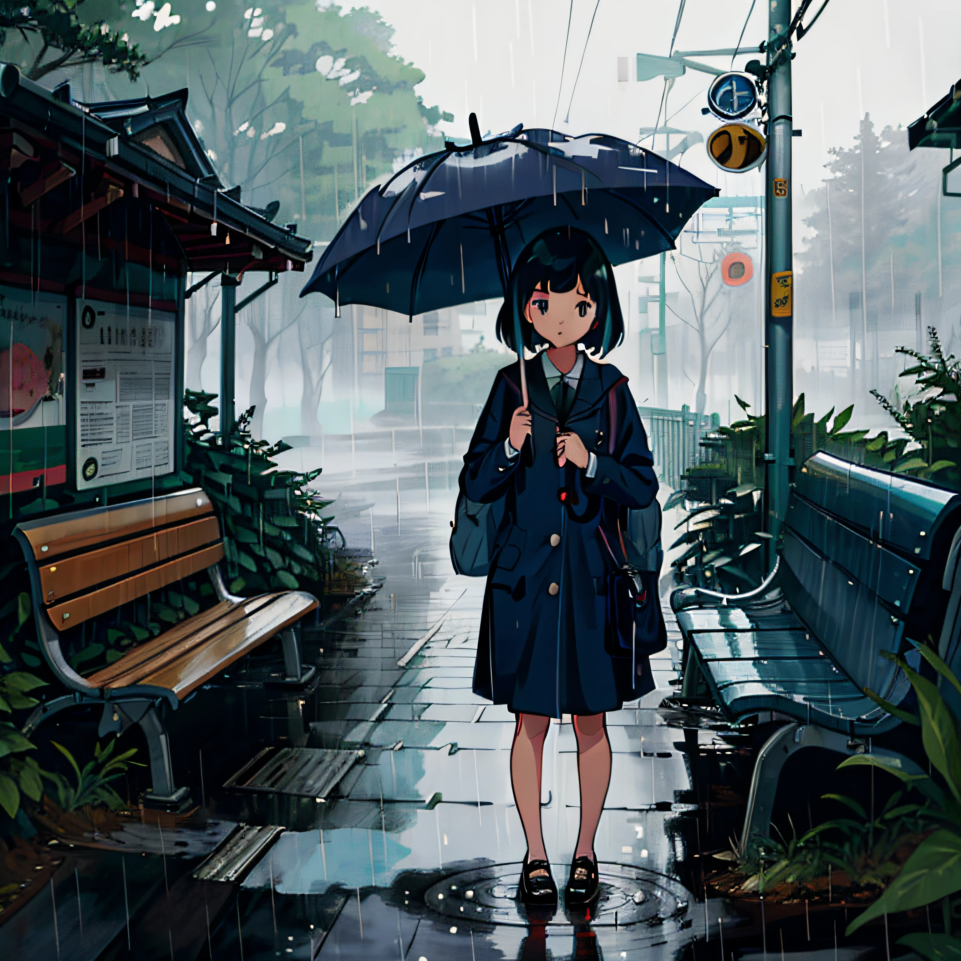 illustrated poster、Girl hiding in the rain at a bus stop in the forest、umbrellas、Benches、top-quality、(masterpiece:1.1