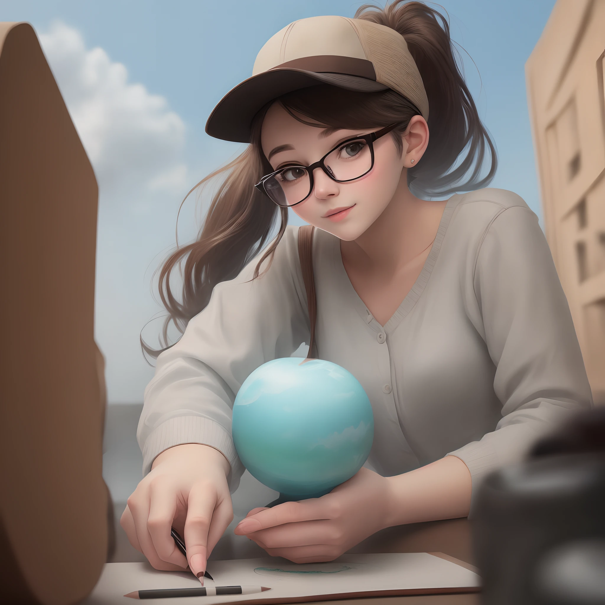 A girl with a ponytail draws a portrait of a bearded man with glasses and a hat
