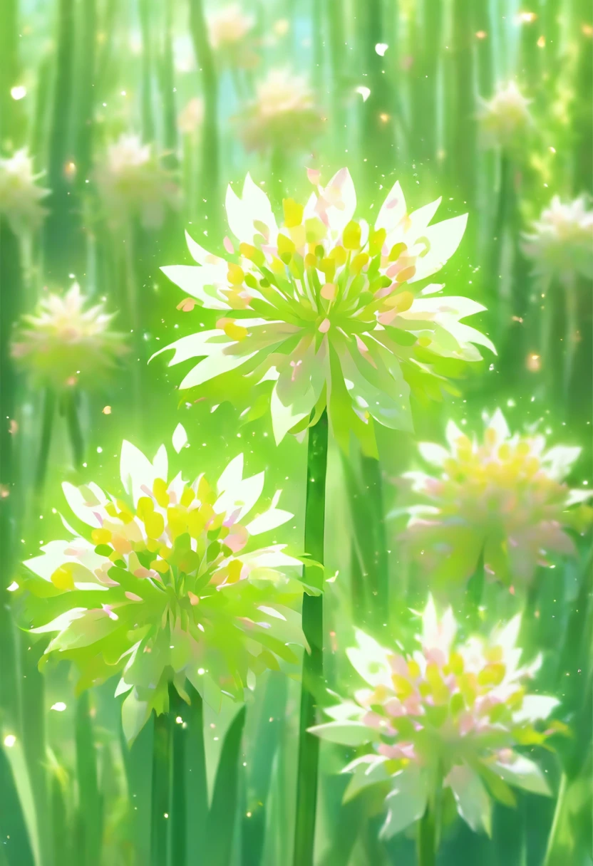 Chives flowers,Tremendously beautiful,The flowers appear petite white,It gives a sense of tranquility、Plain feeling,Stamen yellow,Dotted with green petals,It is as if the spark of life jumps in the sun,Slightly open with slender petals,light wind,Beautiful dancing,The leaves of leek flowers are brightly colored,Emerald green leaves sparkle in the sun,It gives a feeling of being alive,It's like a delicate ink painting,It's intoxicating,Leek flowers are a freshness、elegant、beautiful plants,