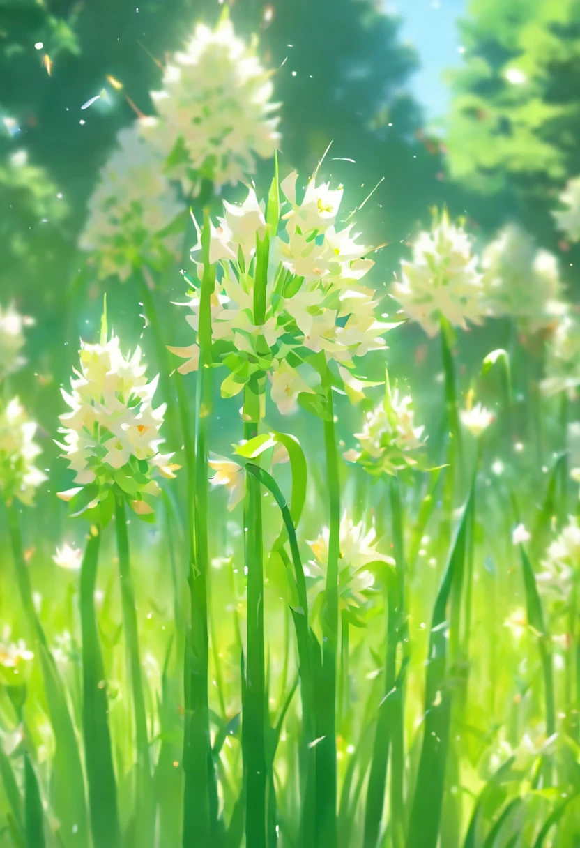 Chives flowers,Tremendously beautiful,The flowers appear petite white,It gives a sense of tranquility、Plain feeling,Stamen yellow,Dotted with green petals,It is as if the spark of life jumps in the sun,Slightly open with slender petals,light wind,Beautiful dancing,The leaves of leek flowers are brightly colored,Emerald green leaves sparkle in the sun,It gives a feeling of being alive,It's like a delicate ink painting,It's intoxicating,Leek flowers are a freshness、elegant、beautiful plants,
