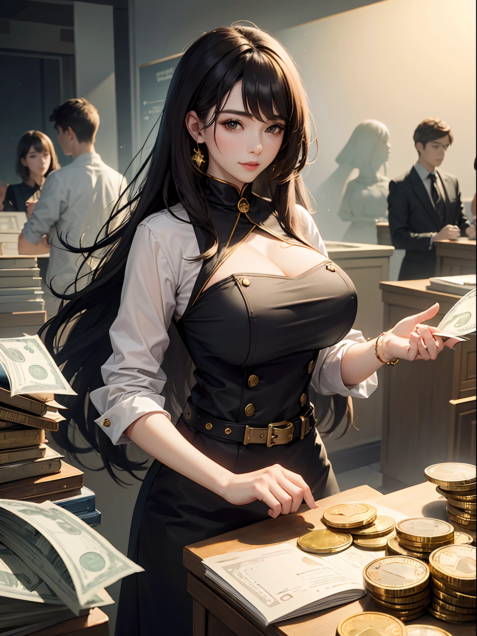 Young dark-haired female CEO, Gentle smile,(huge bust:1.5),The background is a securities company with many staff、Rich woman、Scattered gold coins and dollar bills、