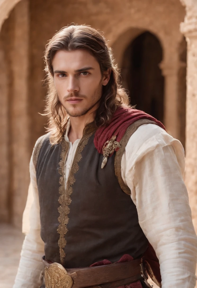 strong, A young man with brown and white hair, A light beard and a full body dressed as a warrior standing in the palaces of Andalusia looking at the camera holding a sword wearing black