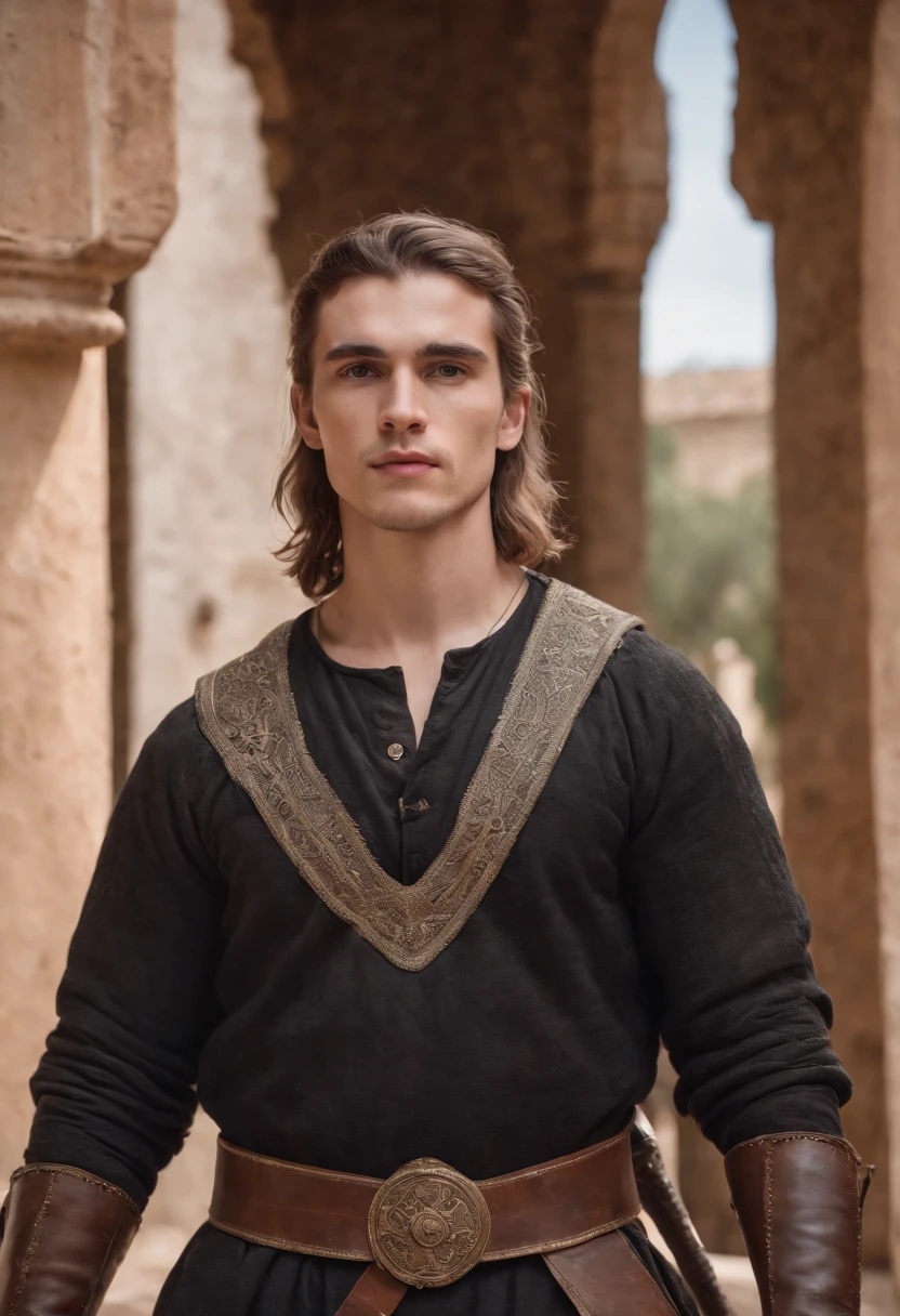 strong, A young man with brown and white hair, A light beard and a full body dressed as a warrior standing in the palaces of Andalusia looking at the camera holding a sword wearing black