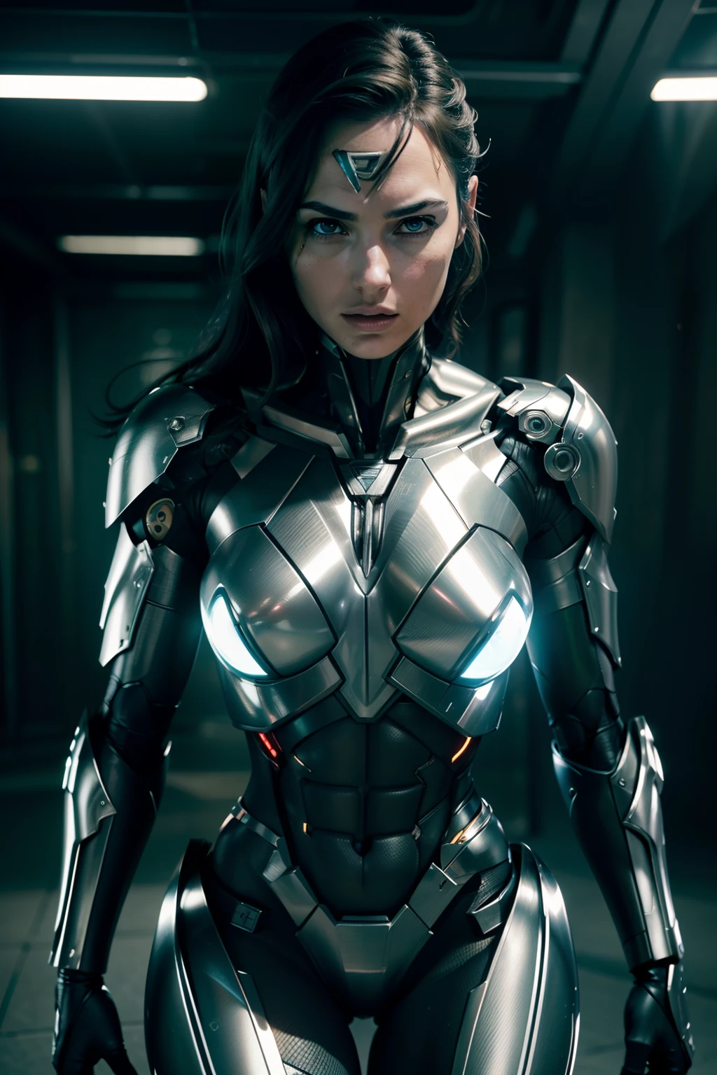 Gal Gadot as Cyborg from Zack Snyder Justice League, ((silver color mechanical cyborg body, full robot body)), (glowing lights), (dynamic pose), (hyper realistic:1.4), (realistic:1.3), (best quality real texture skin), full body, (Cinematic Light), highly detailed skin, skin pores, (highly detailed face:1.1), (highly detailed eyes:1.1), realistic pupils, (perfect anatomy:1.1), (perfect proportions:1.1), (photography:1.1), (photorealistic:1.1), volumetric lighting, dynamic lighting, real shadows, (highres:1.1), sharp focus, daylight, (realistic, hyperrealistic:1.4), intricate, high detail, dramatic, subsurface scattering, big depth of field, vivid, polished, sharpened, ((full Sharp)), (extremely absurdres),8k hdr