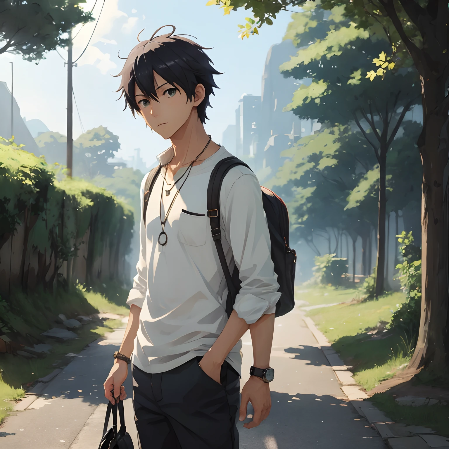 1boy, apple, bag, bangs, berry, black hair, black shirt, blue eyes, hair between eyes, jewelry, leaf, looking at viewer, male focus, necklace, pants, shirt, solo, watch, white pants, wristwatch, messy hair, trending on artstation, 8k resolution, highly detailed, anatomically correct, sharp image, digital painting, concept art, trending on pixiv, style of makoto shinkai,