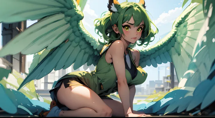 (best quality, masterpiece:1.2), ultra detailed, 1girll, green hair，yellow eyes，white wings，green yoga vest，nabel