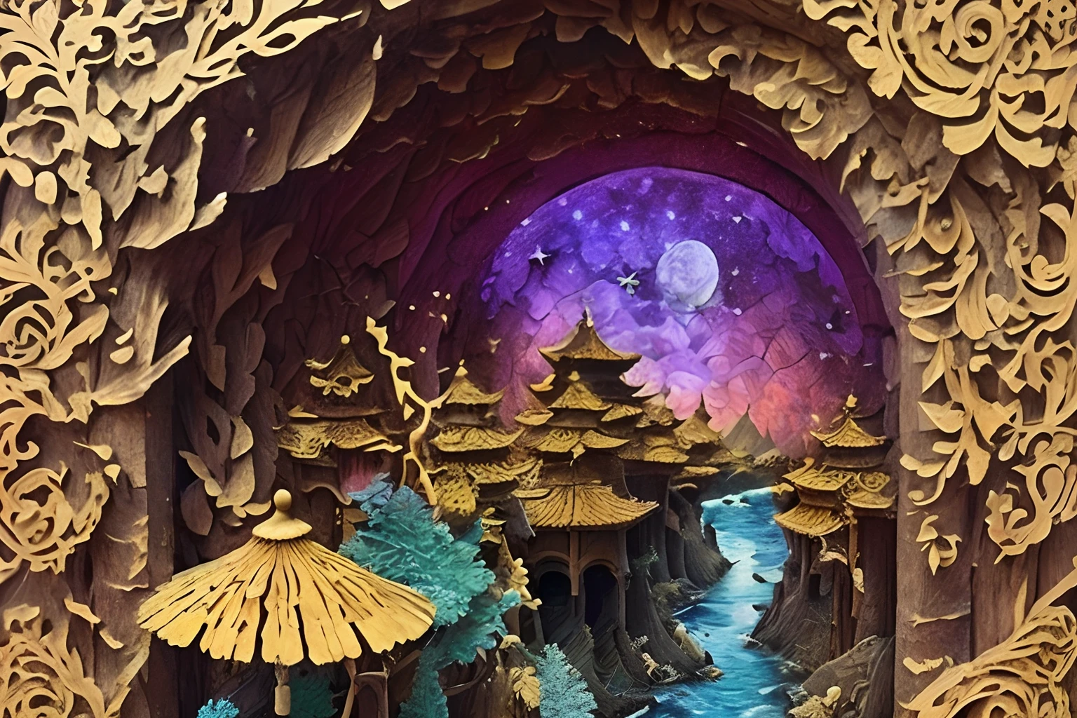 MDJRNY-PPRCT,Suzhou Garden under the stars,Chinese architecture,gardens,mountain water,Sea of clouds,exquisitedetails,arte em papel cortado，s fractal art，opulent,(high detal:1.2)